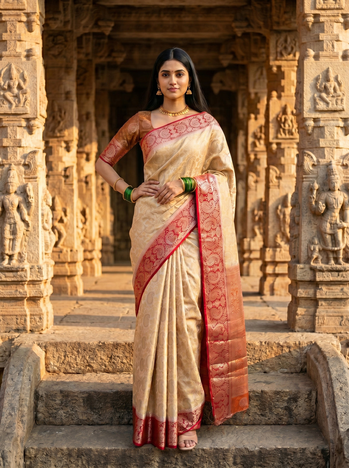 MIMOSA White Kanjivaram Art Silk Saree — Model close-up lower section with feet