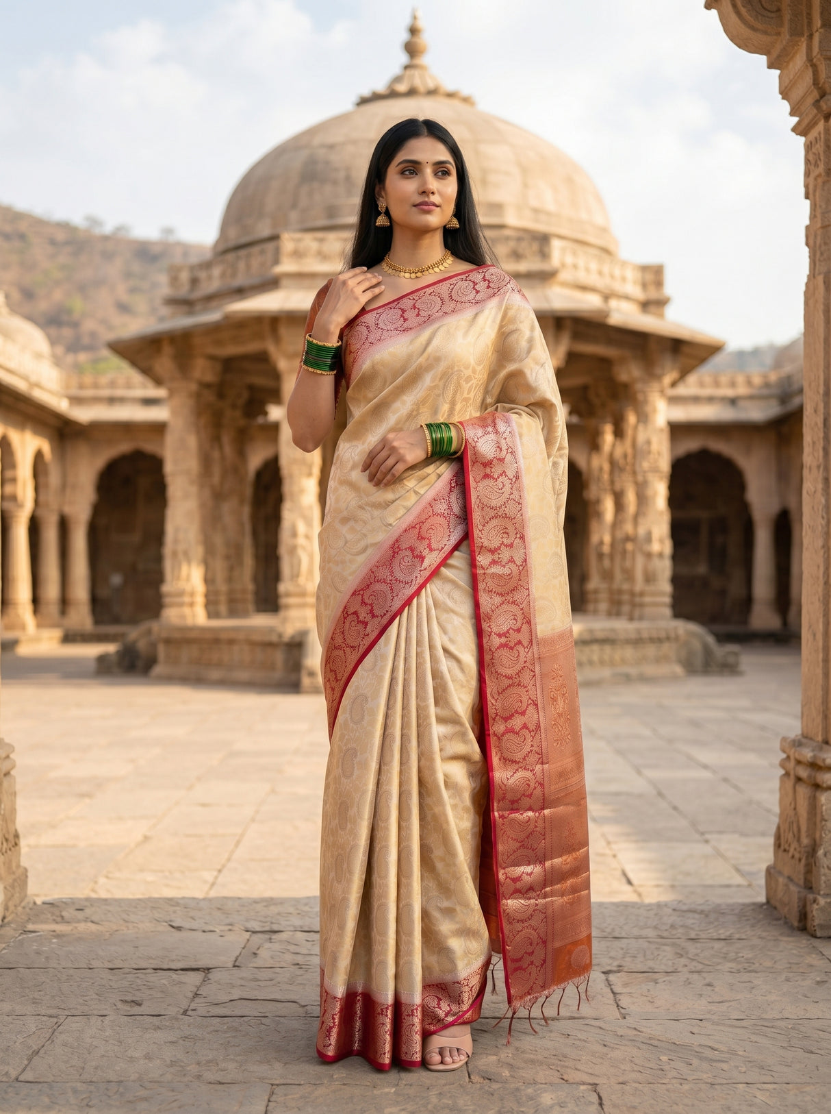 MIMOSA White Kanjivaram Art Silk Saree — Saree shot with pallu and body details