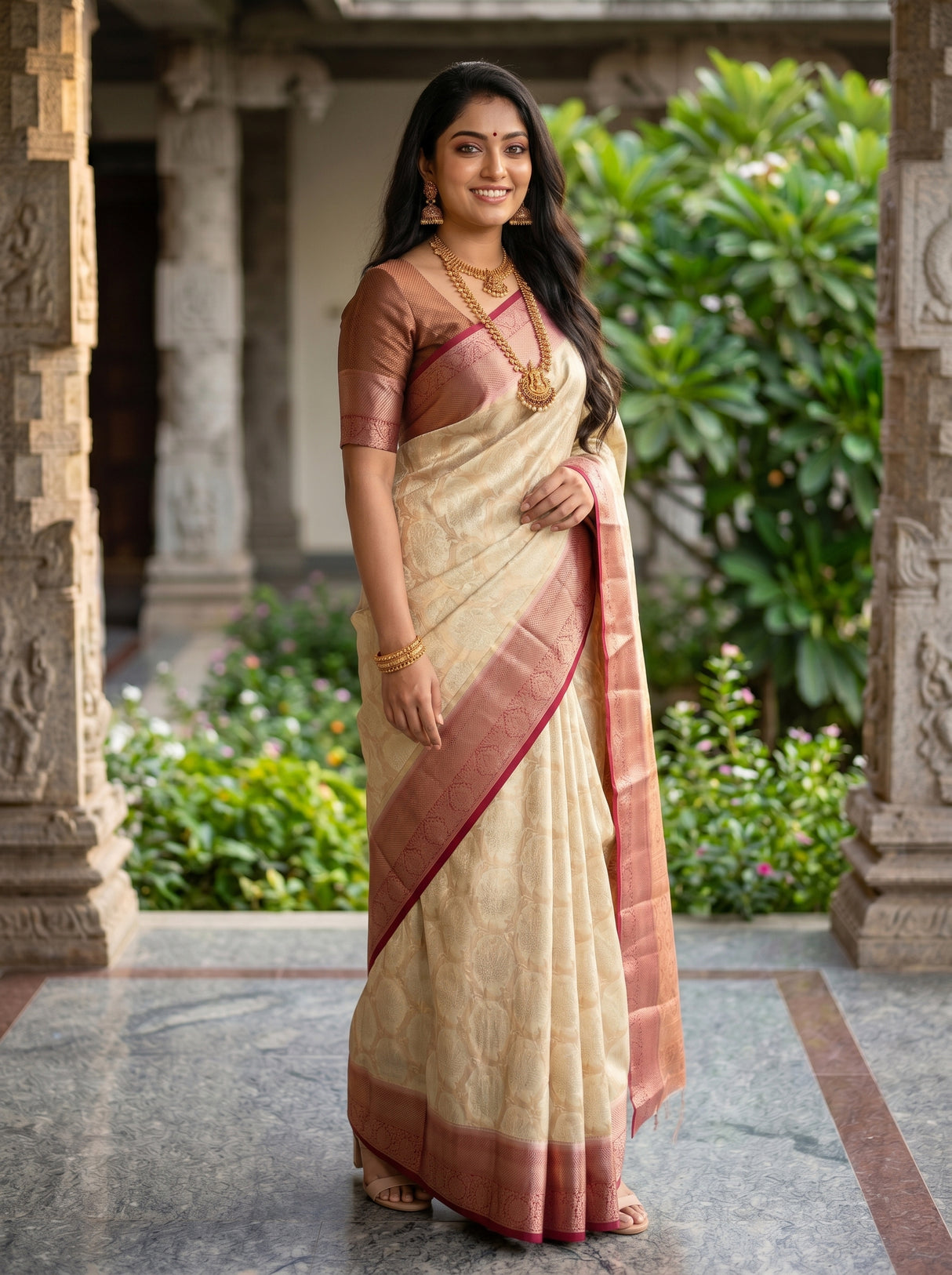 MIMOSA White Kanjivaram Art Silk Saree — Model wearing