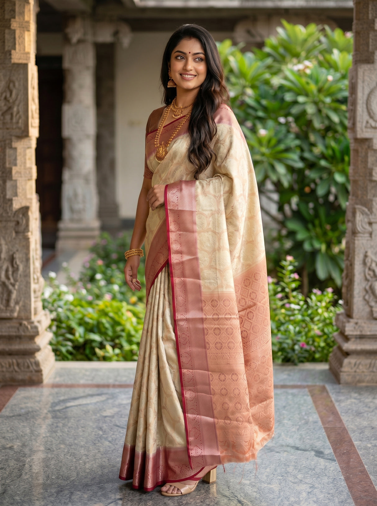 MIMOSA White Kanjivaram Art Silk Saree — Close-up of body and border