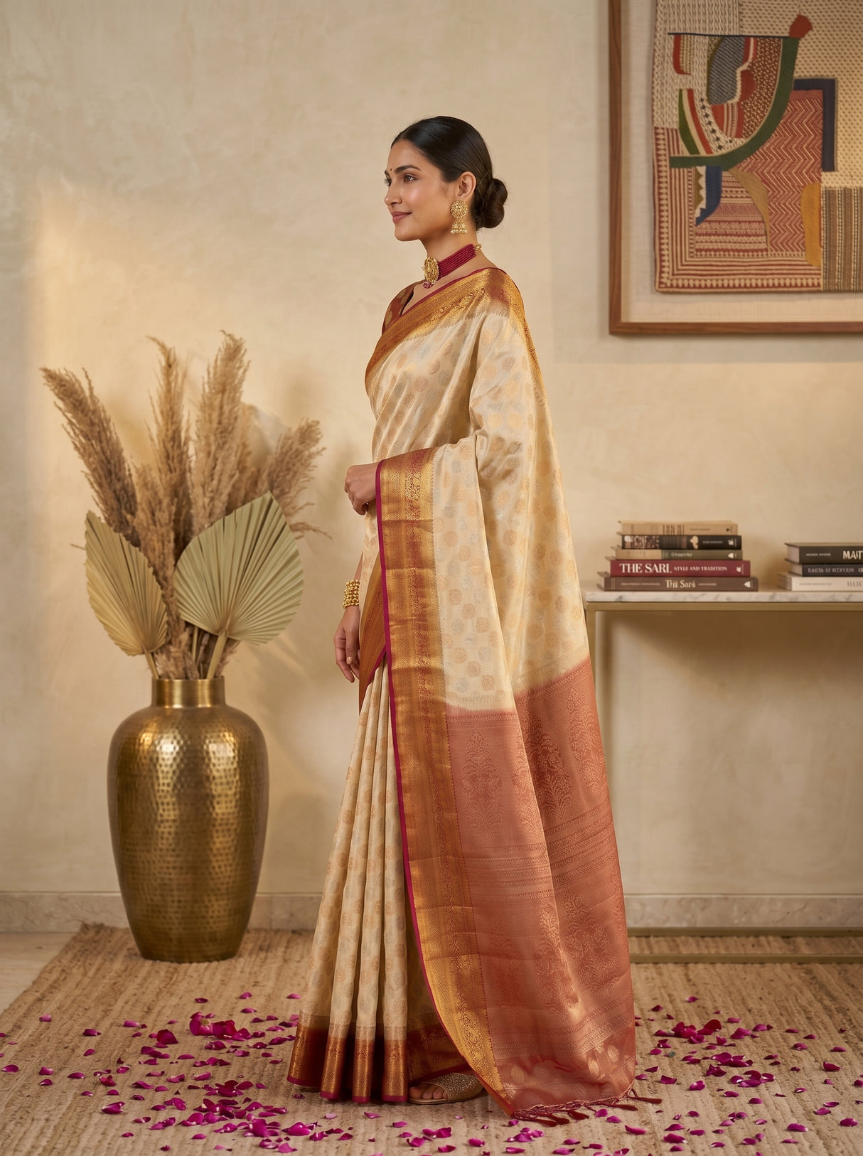 MIMOSA White Kanjivaram Art Silk Saree — pose 3 styling detail