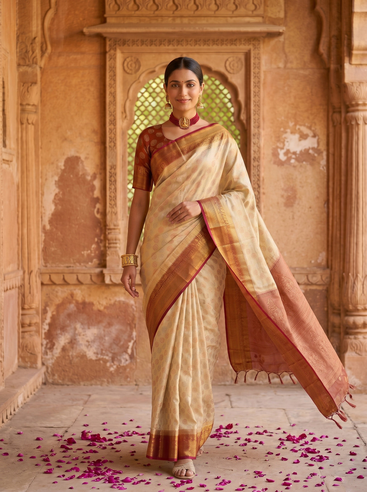 MIMOSA White Kanjivaram Art Silk Saree — pose 6 styling detail
