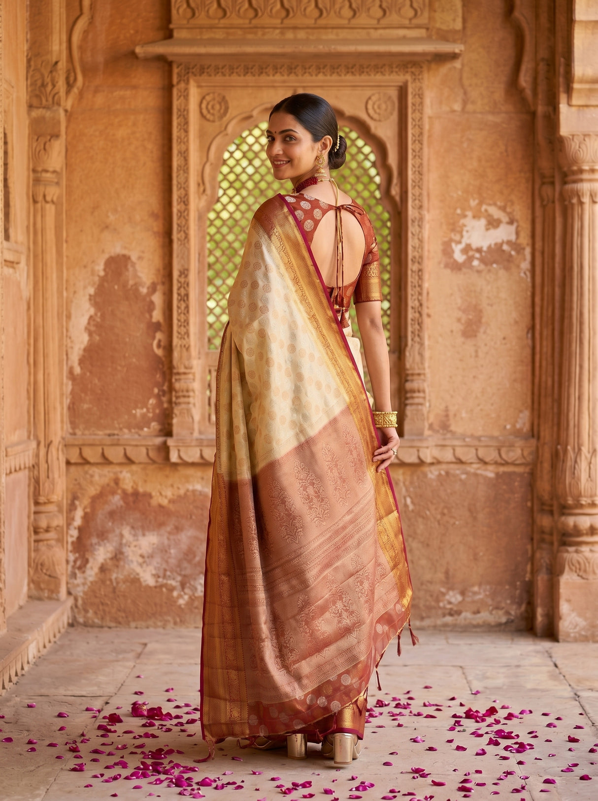 MIMOSA White Kanjivaram Art Silk Saree — pose 7 styling detail