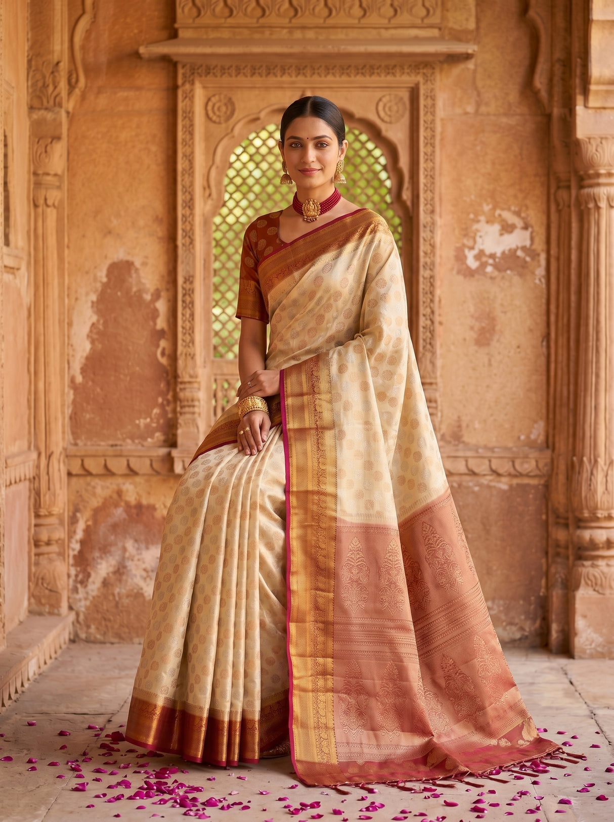 MIMOSA White Kanjivaram Art Silk Saree — pose 8 styling detail