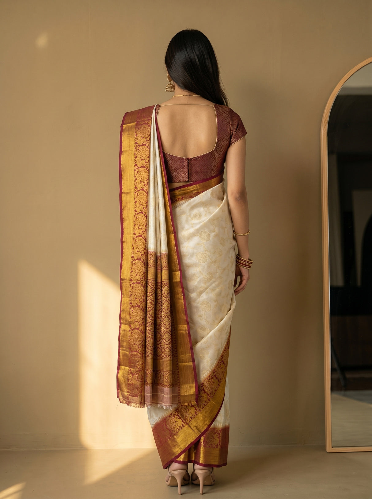 MIMOSA White Kanjivaram Art Silk Saree — Model close-up smiling