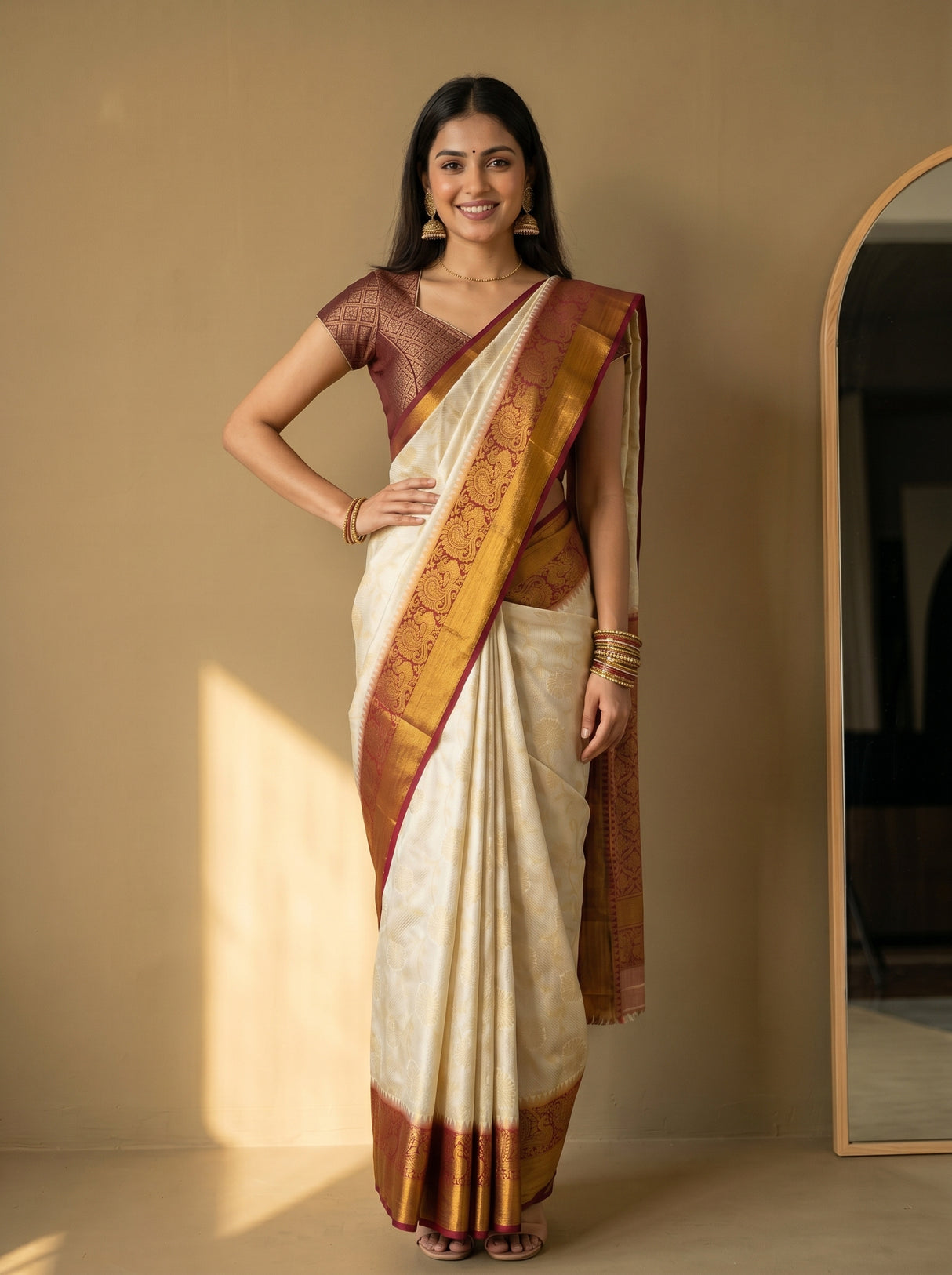 MIMOSA White Kanjivaram Art Silk Saree — Model full length pose