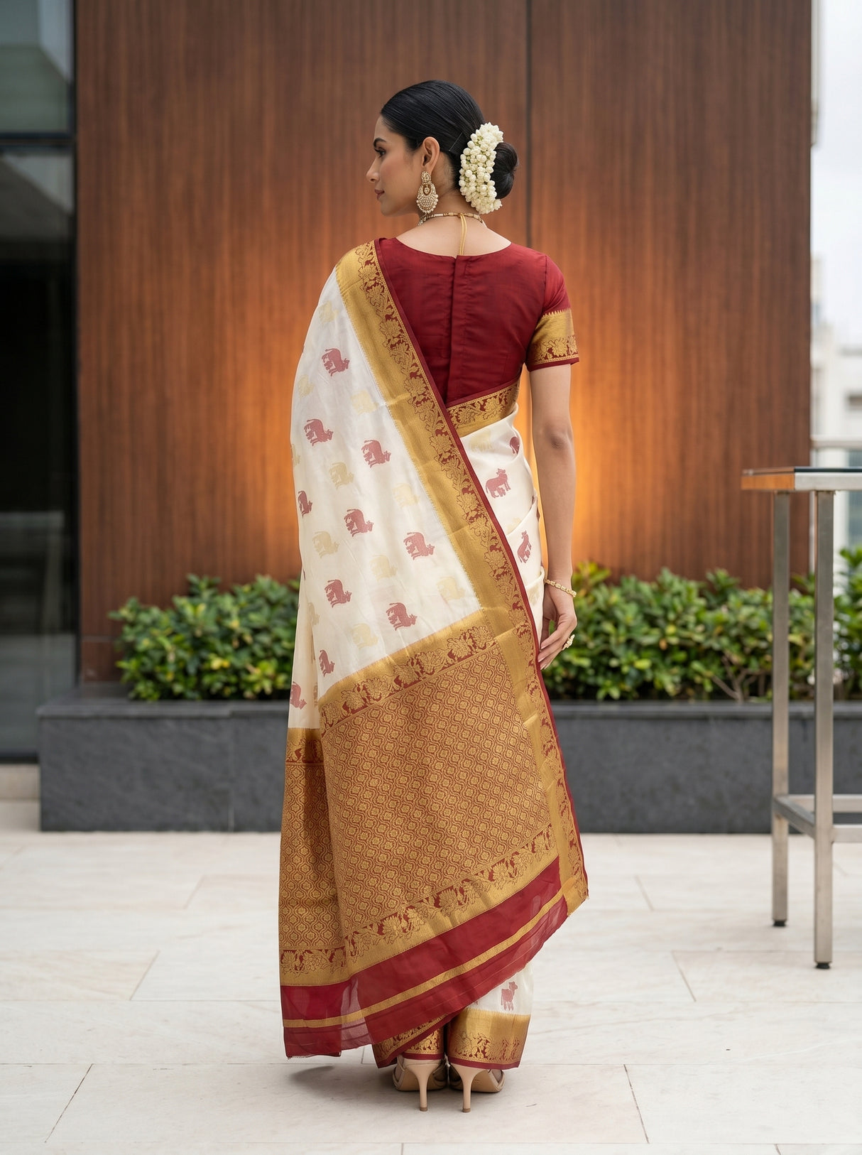 MIMOSA White Kanjivaram Saree — pose 2 styling detail