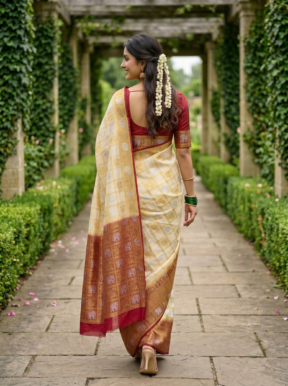 MIMOSA White Kanjivaram Art Silk Saree — model closeup