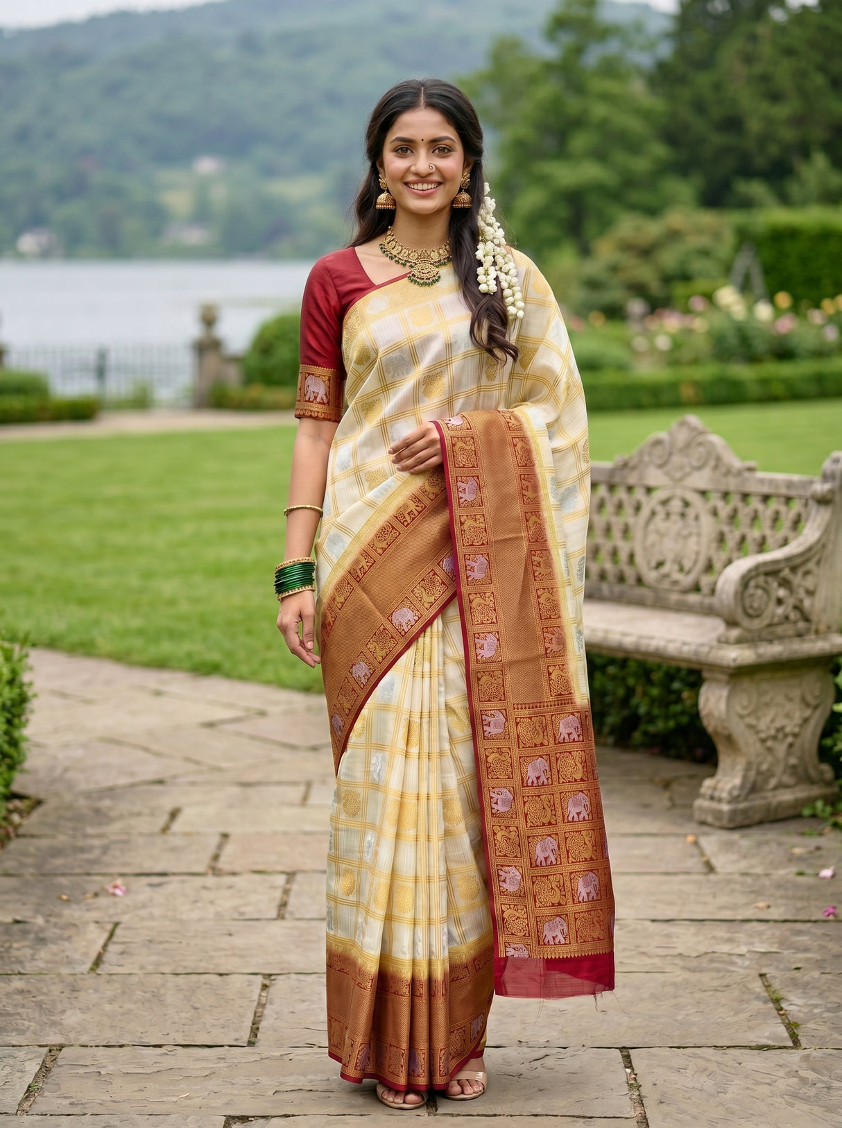 MIMOSA White Kanjivaram Art Silk Saree — model left crop