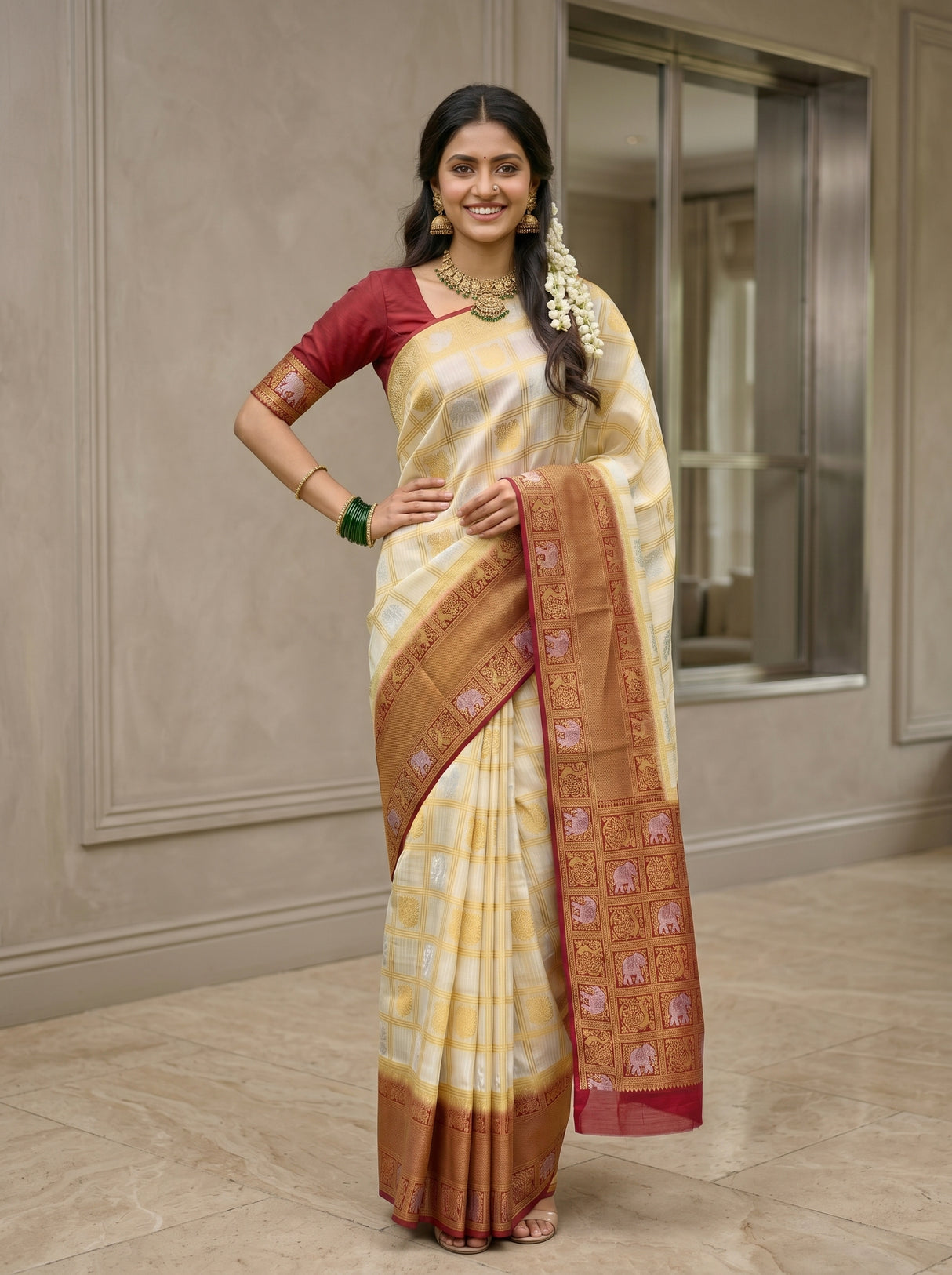 MIMOSA White Kanjivaram Art Silk Saree — arm and blouse crop