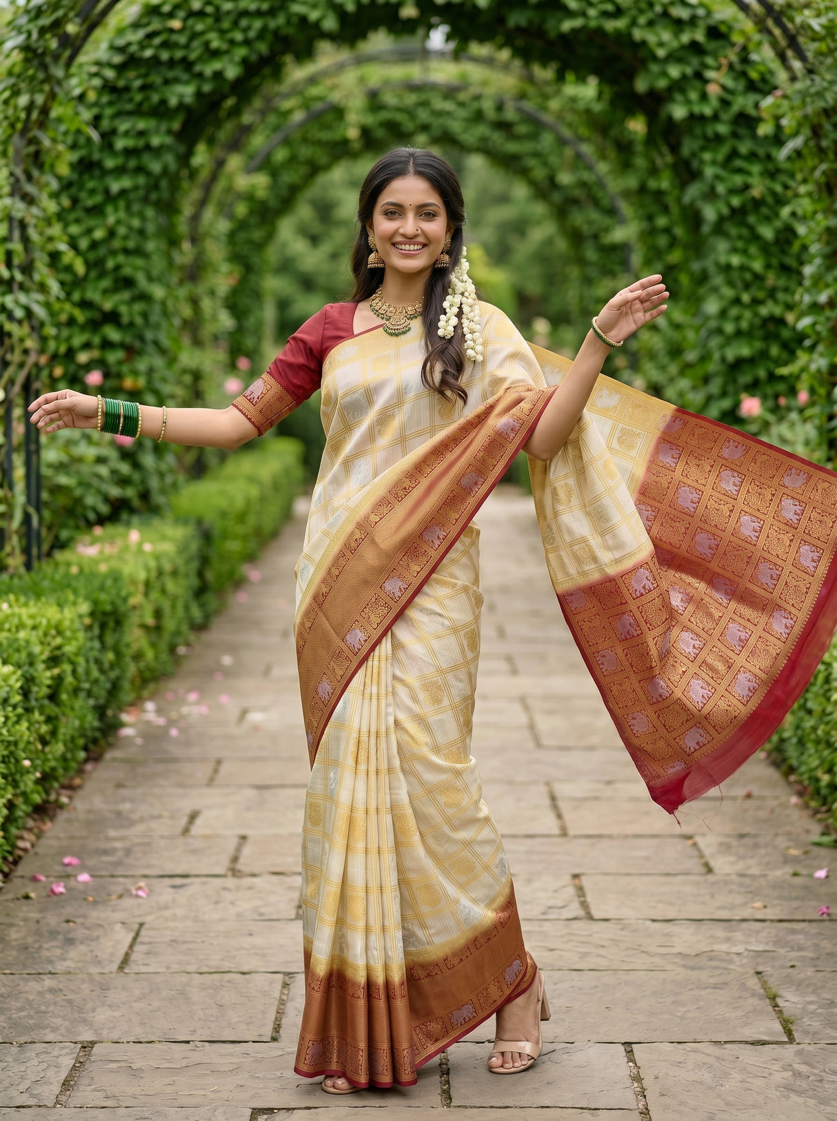 MIMOSA White Kanjivaram Art Silk Saree — mid-body crop