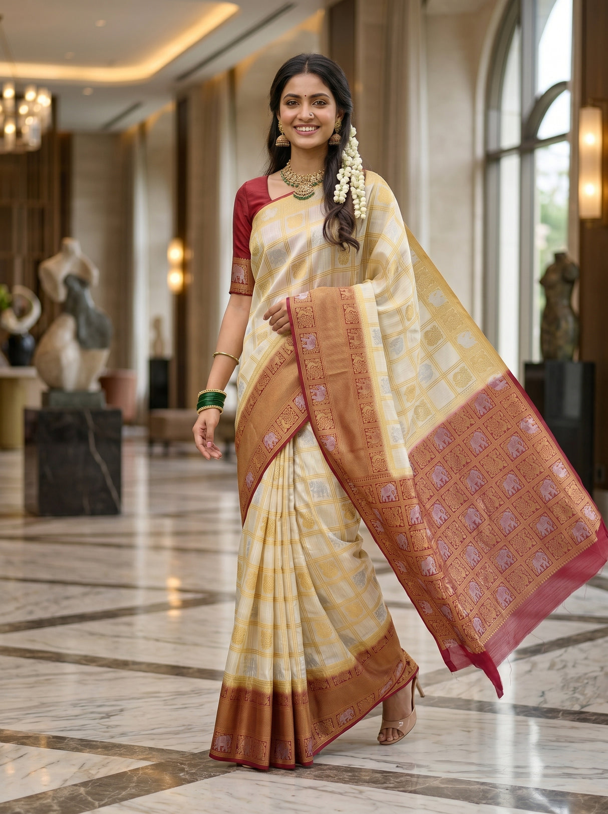 MIMOSA White Kanjivaram Art Silk Saree — right body crop