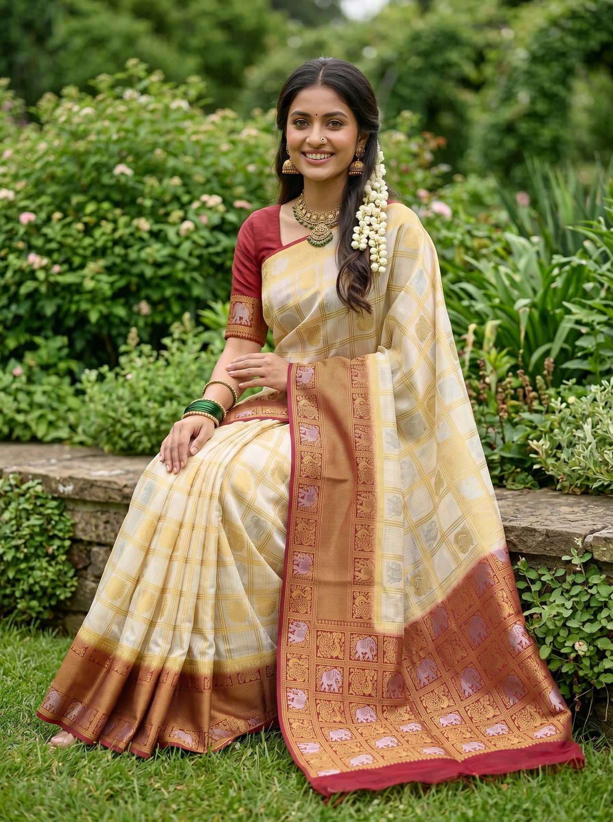 MIMOSA White Kanjivaram Art Silk Saree — lower body crop