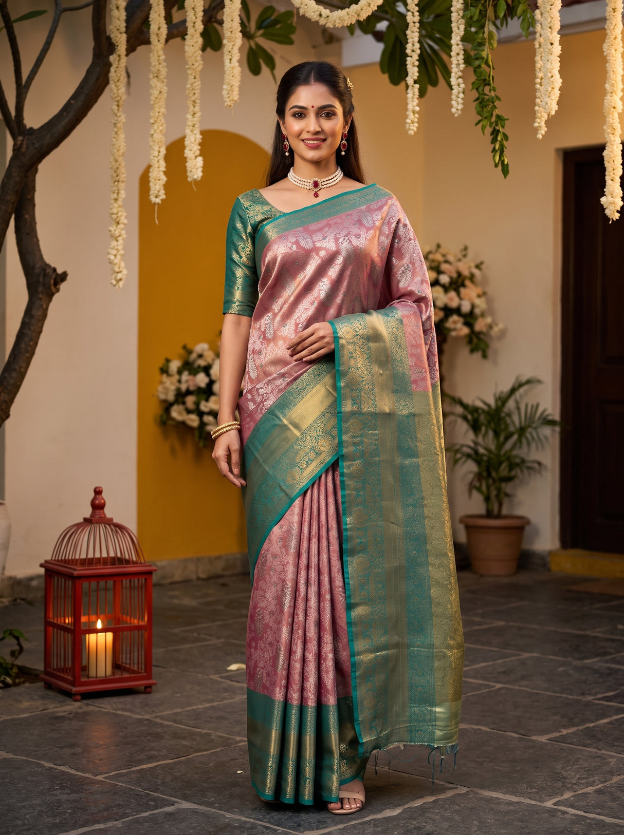 MIMOSA Pink Saree Saree — front view on mannequin