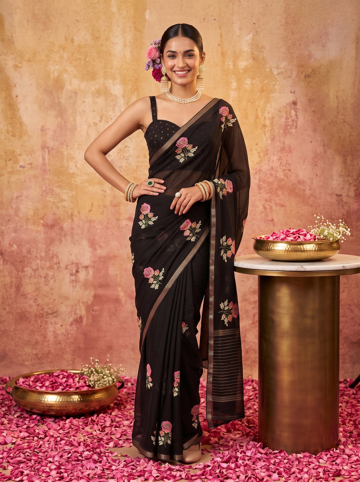 MIMOSA Black Jaipur Saree — pose 4 styling detail