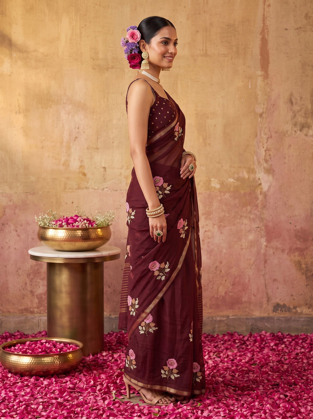 MIMOSA Chocolate Jaipur Saree — pose 3 styling detail