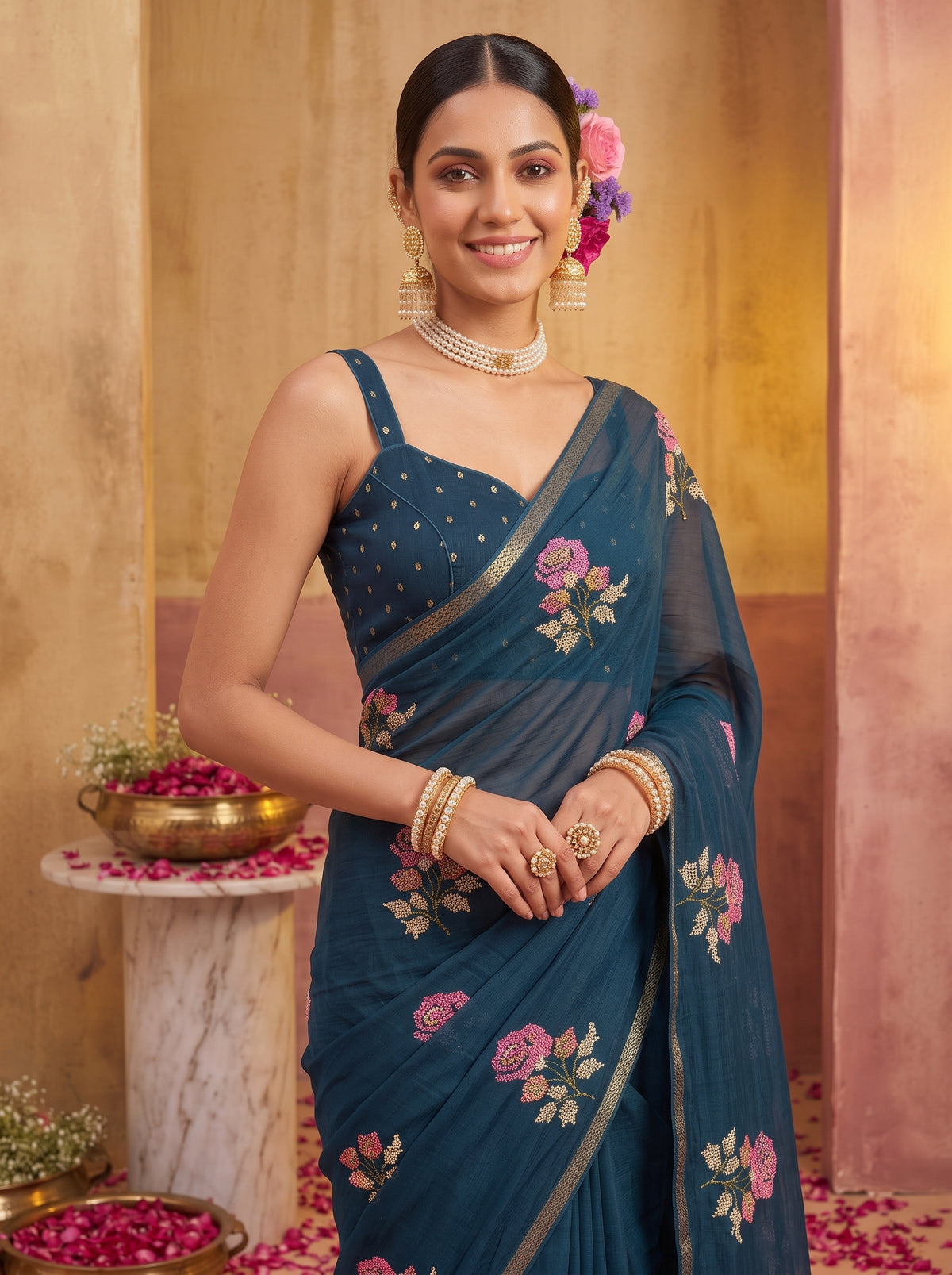MIMOSA Navy Jaipur Saree — pose 10 styling detail