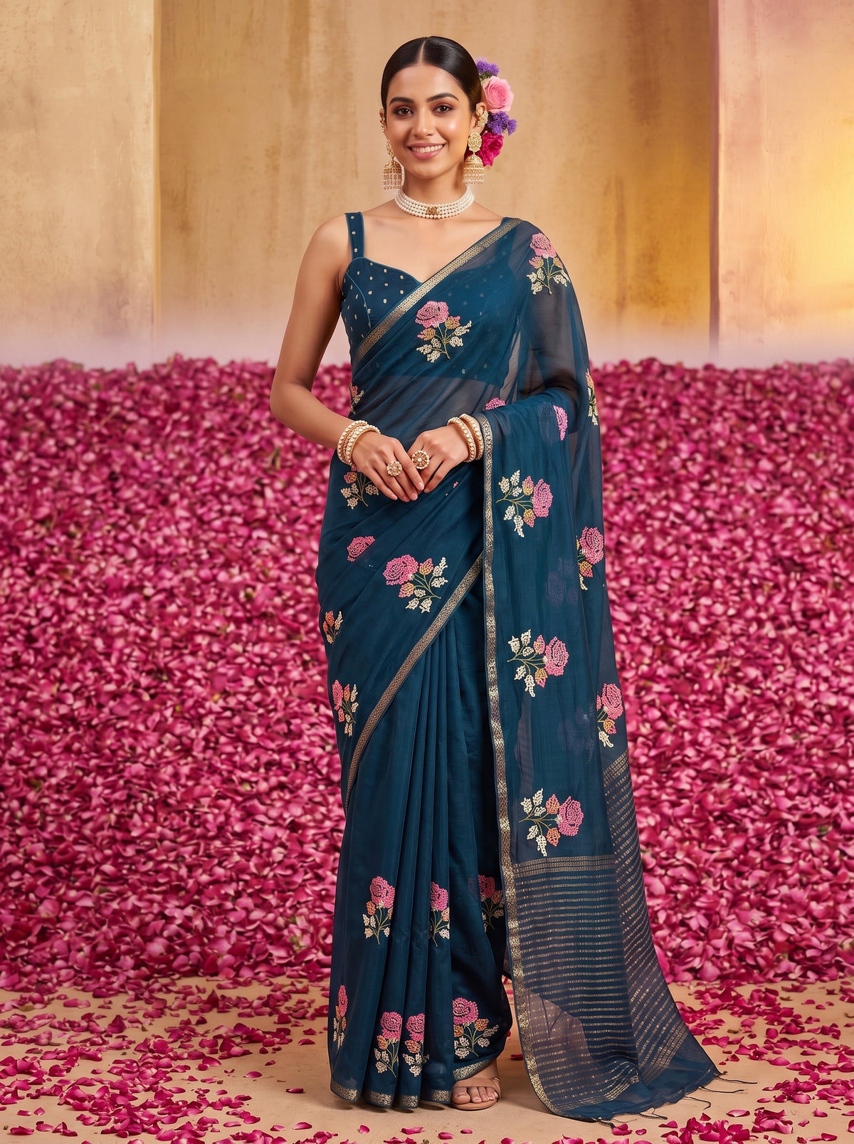 MIMOSA Navy Jaipur Saree — pose 6 styling detail