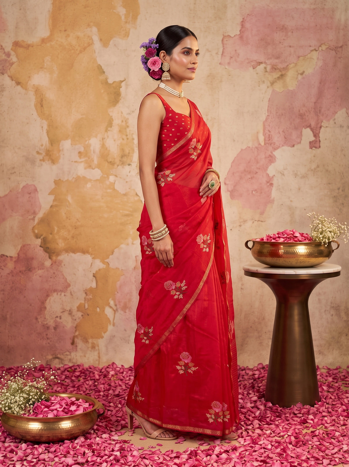 MIMOSA Red Jaipur Saree — pose 3 styling detail