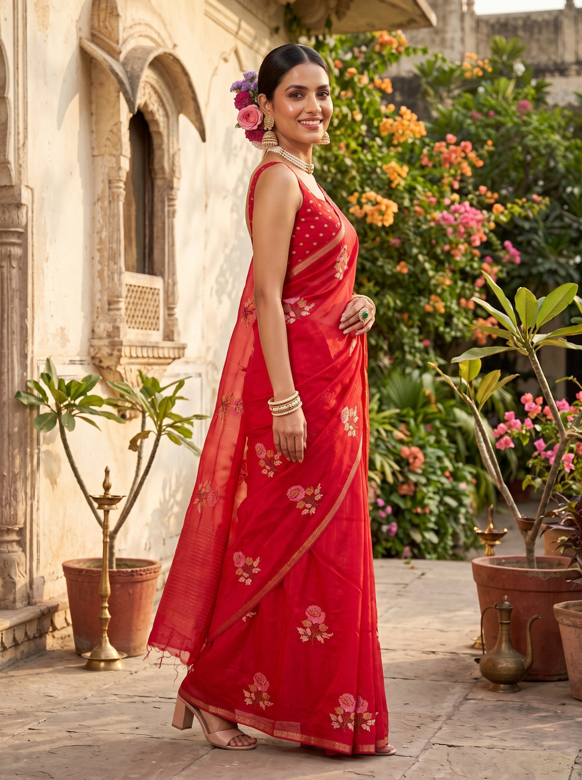 MIMOSA Red Jaipur Saree — pose 5 styling detail