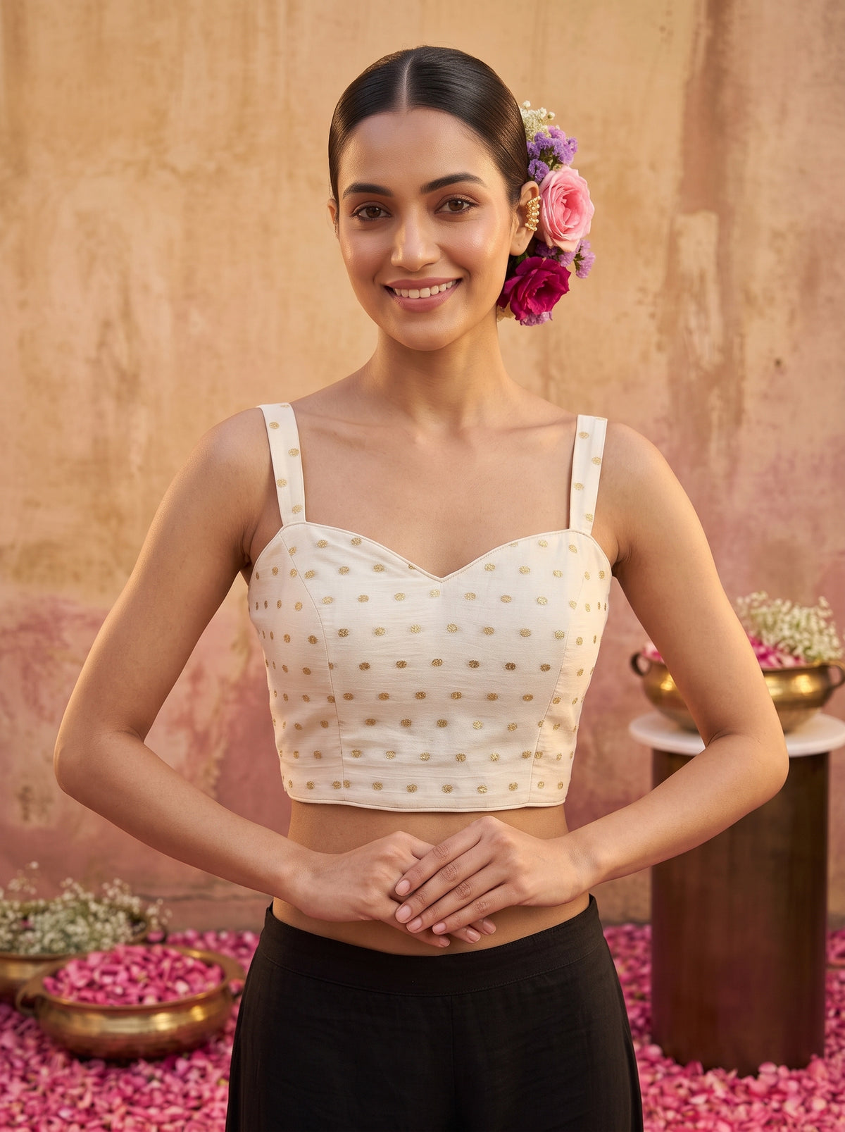 MIMOSA White Jaipur Saree — blouse close-up