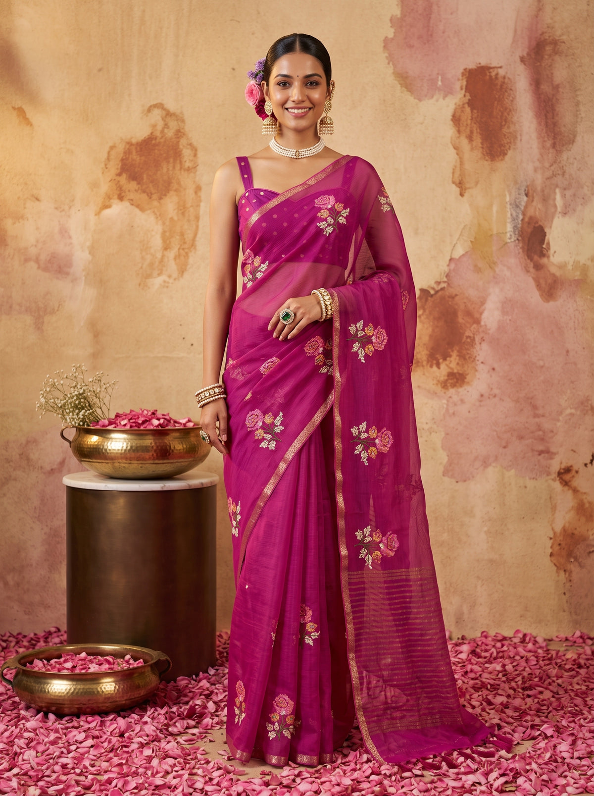 MIMOSA Wine Jaipur Saree — front view on mannequin