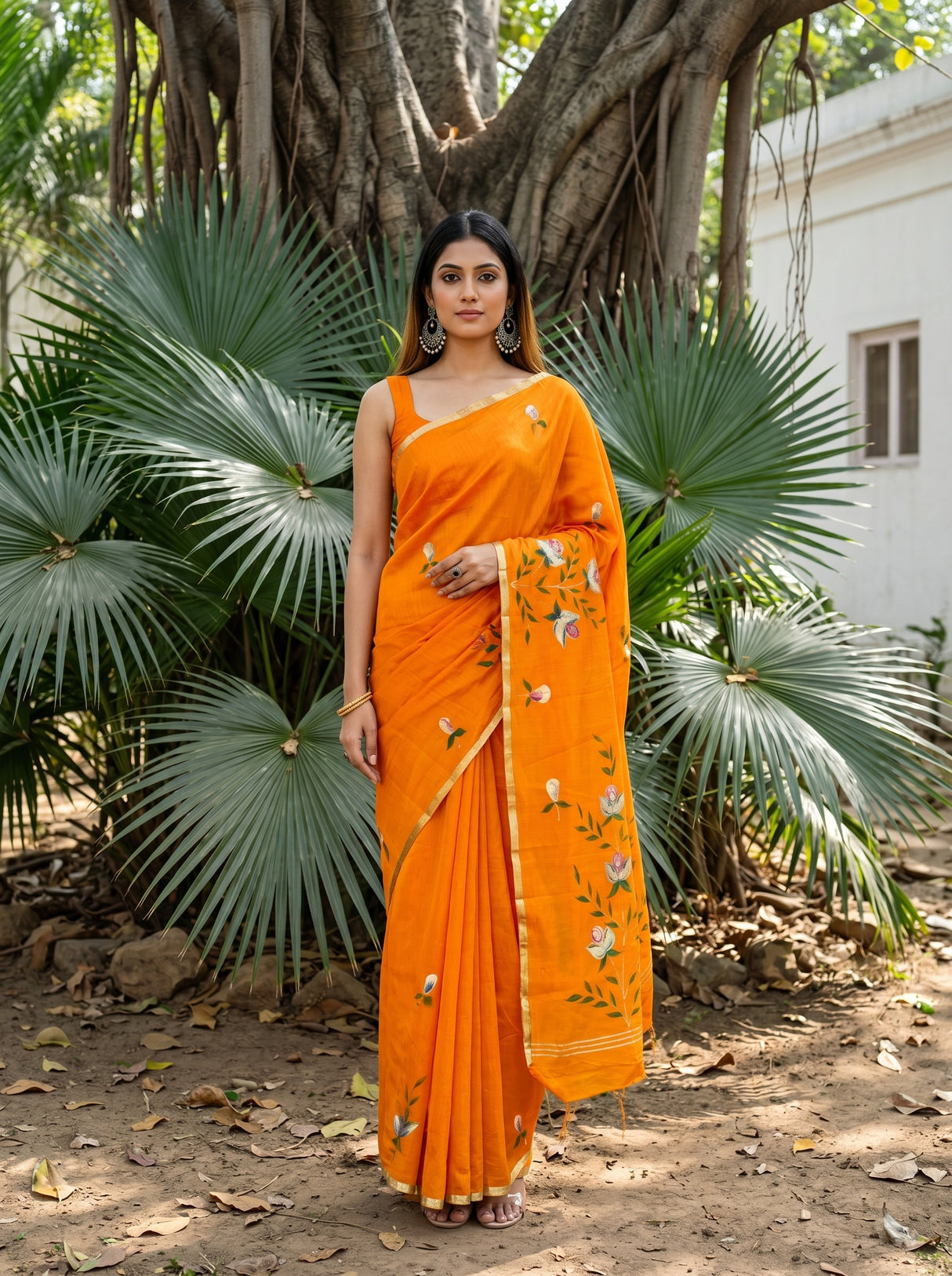 MIMOSA Gold Banarasi Art Silk Saree — Model Lifestyle Pose