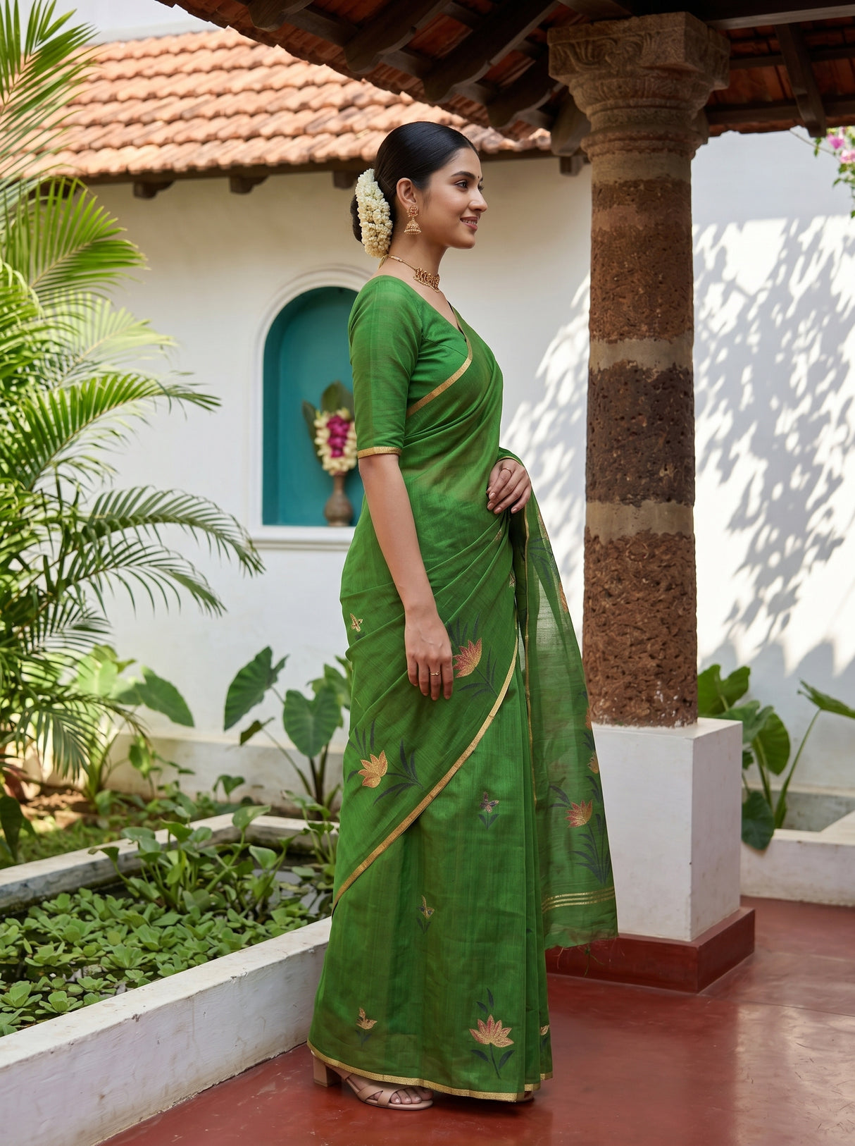 MIMOSA Green Banarasi Art Silk Saree — Close-up of model's face and jewelry
