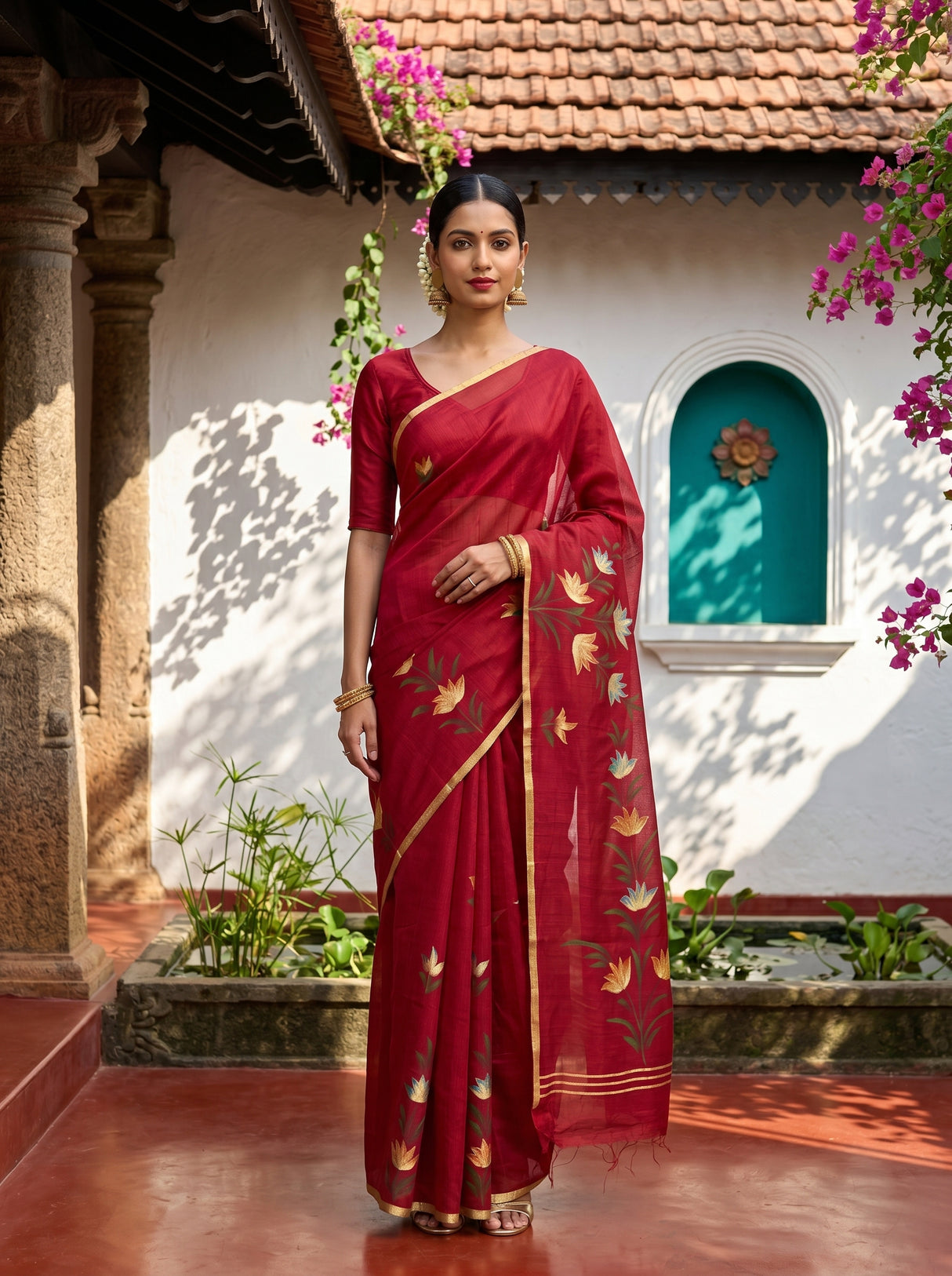 MIMOSA Maroon Banarasi Art Silk Saree — Model lifestyle pose 1