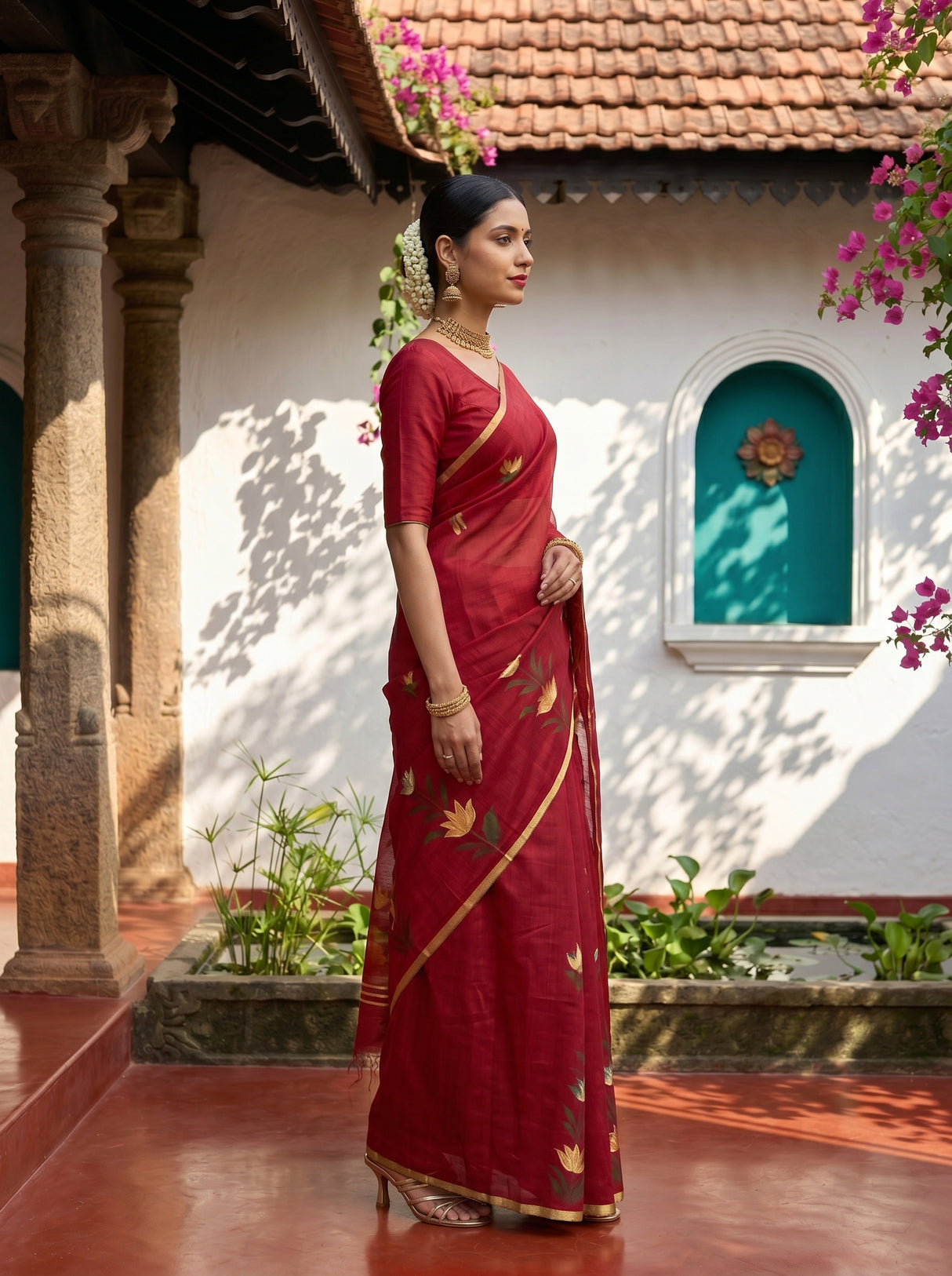 MIMOSA Maroon Banarasi Art Silk Saree — Close-up of model's face and jewelry