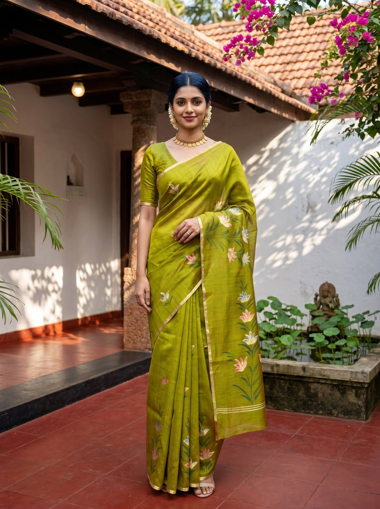 MIMOSA Olive Banarasi Art Silk Saree — Model lifestyle pose 1