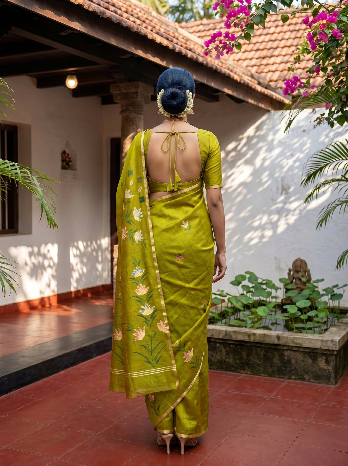 MIMOSA Olive Banarasi Art Silk Saree — Pallu and body detail