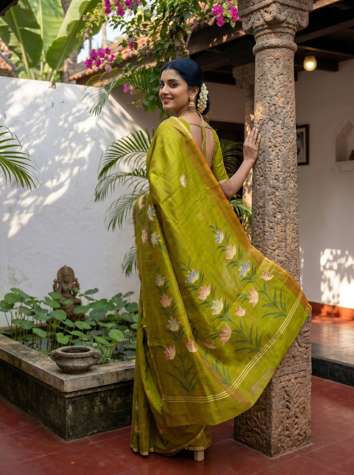 MIMOSA Olive Banarasi Art Silk Saree — Saree pleats and drape detail