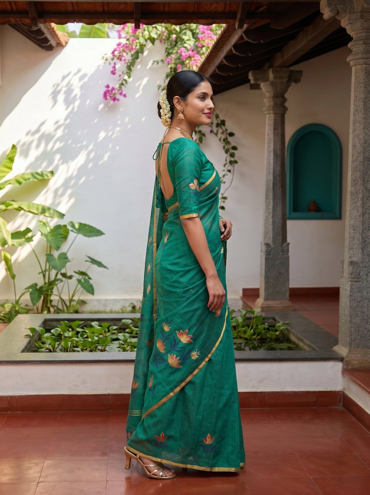 MIMOSA Rama Banarasi Art Silk Saree — Close-up of model's face and jewelry