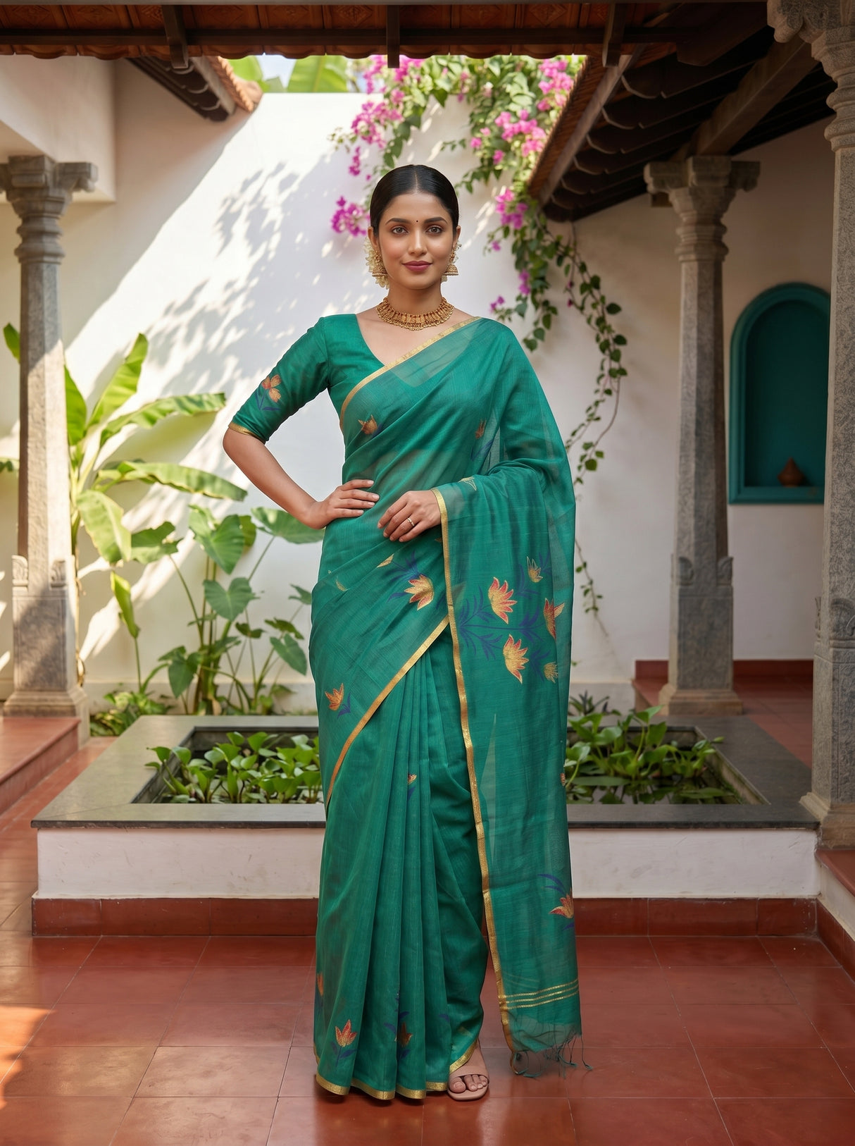 MIMOSA Rama Banarasi Art Silk Saree — Saree border and motif detail
