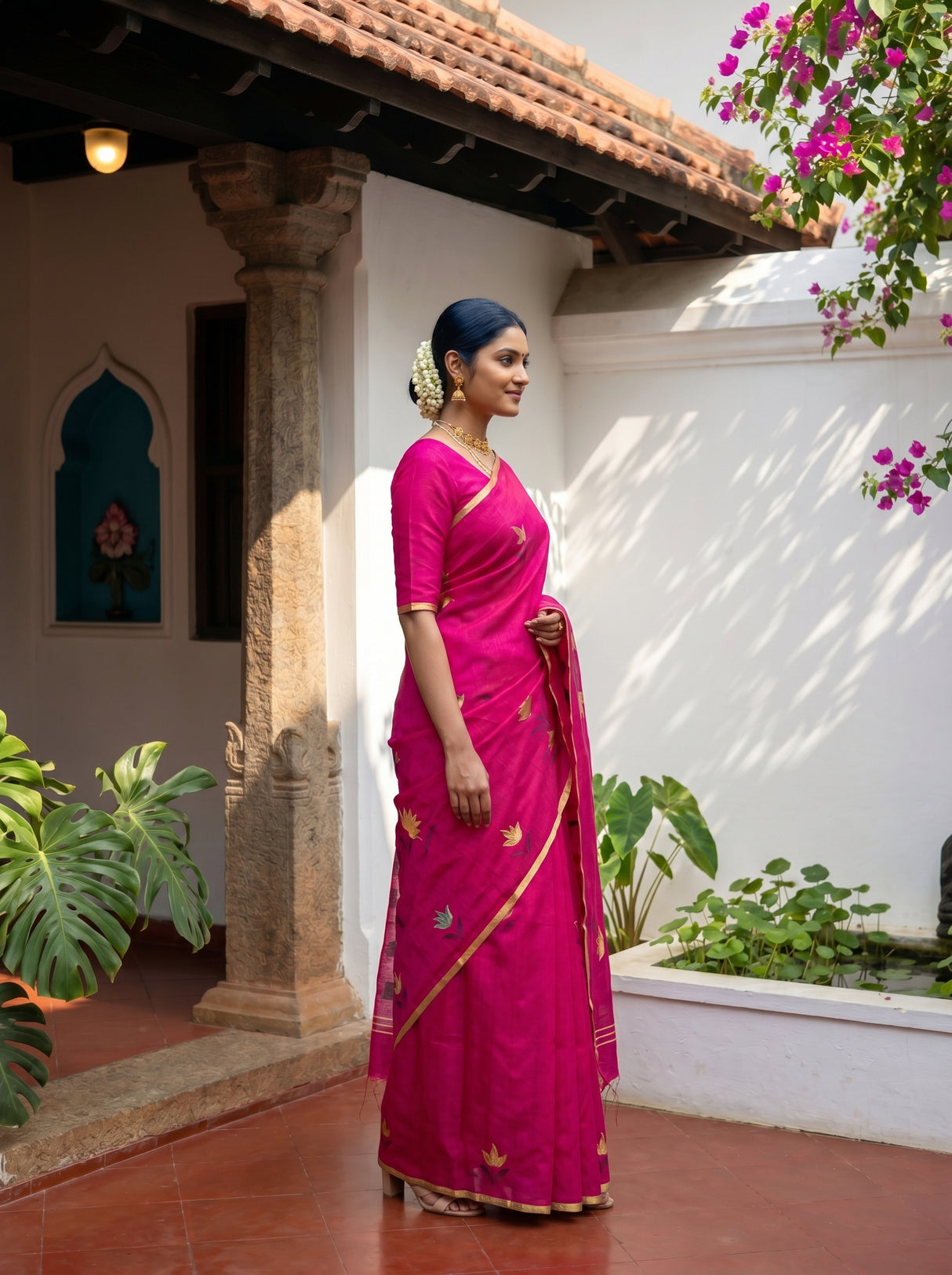 MIMOSA Rani Banarasi Art Silk Saree — Close-up of model's face and jewelry