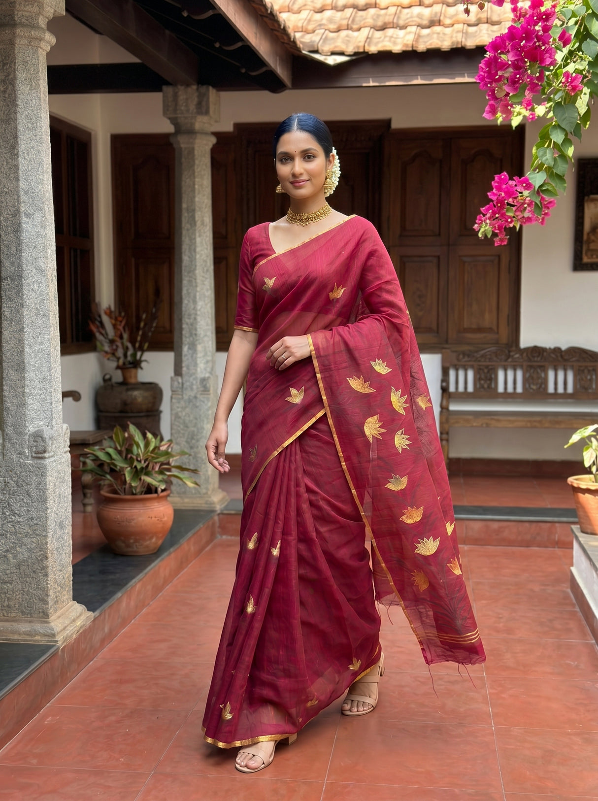 MIMOSA Wine Banarasi Art Silk Saree — Saree pleats and drape detail
