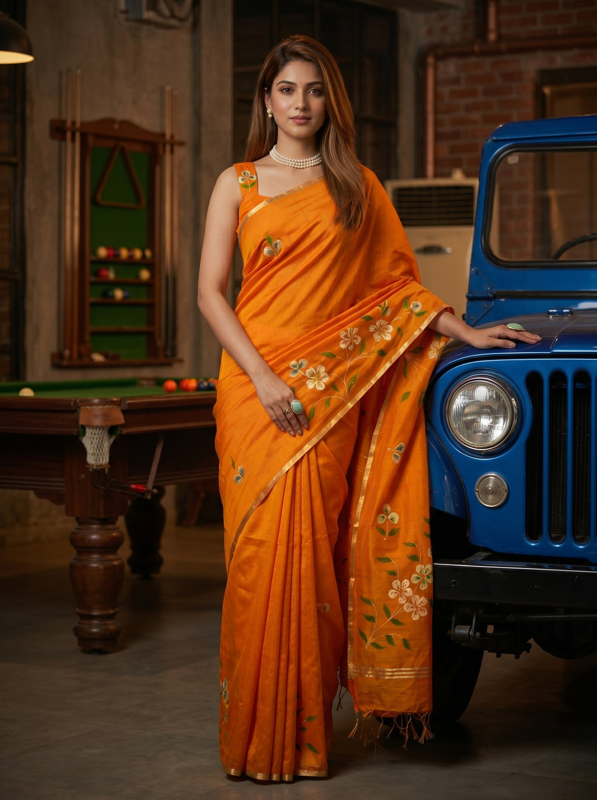 MIMOSA Gold Banarasi Art Silk Saree — Model posing with blue jeep