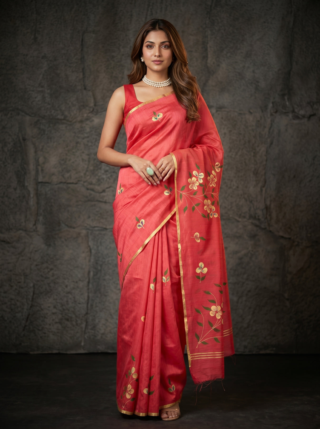MIMOSA Gajari Banarasi Art Silk Saree — Model posing with blue jeep