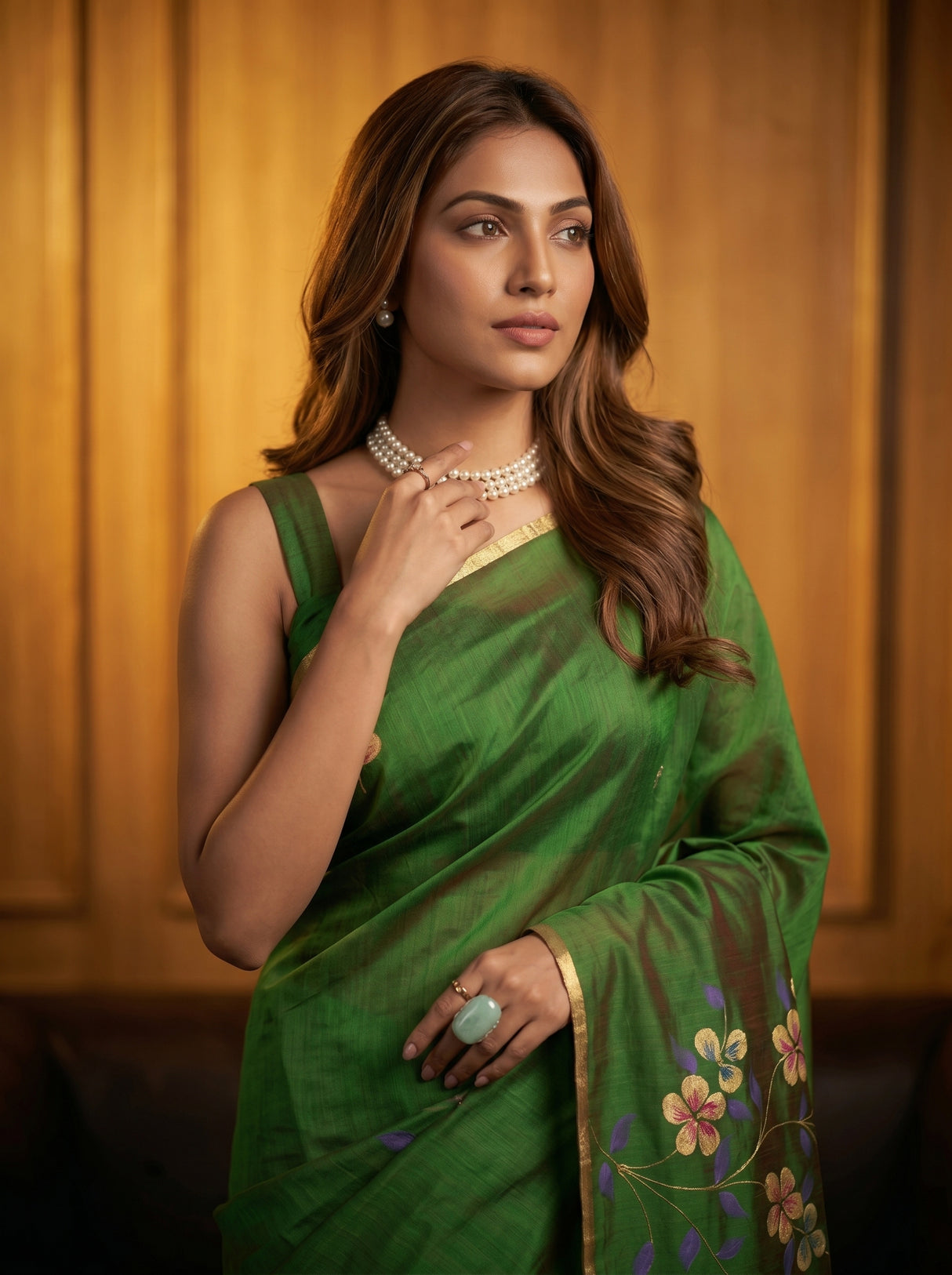 MIMOSA Green Banarasi Art Silk Saree — pose 10 styling detail