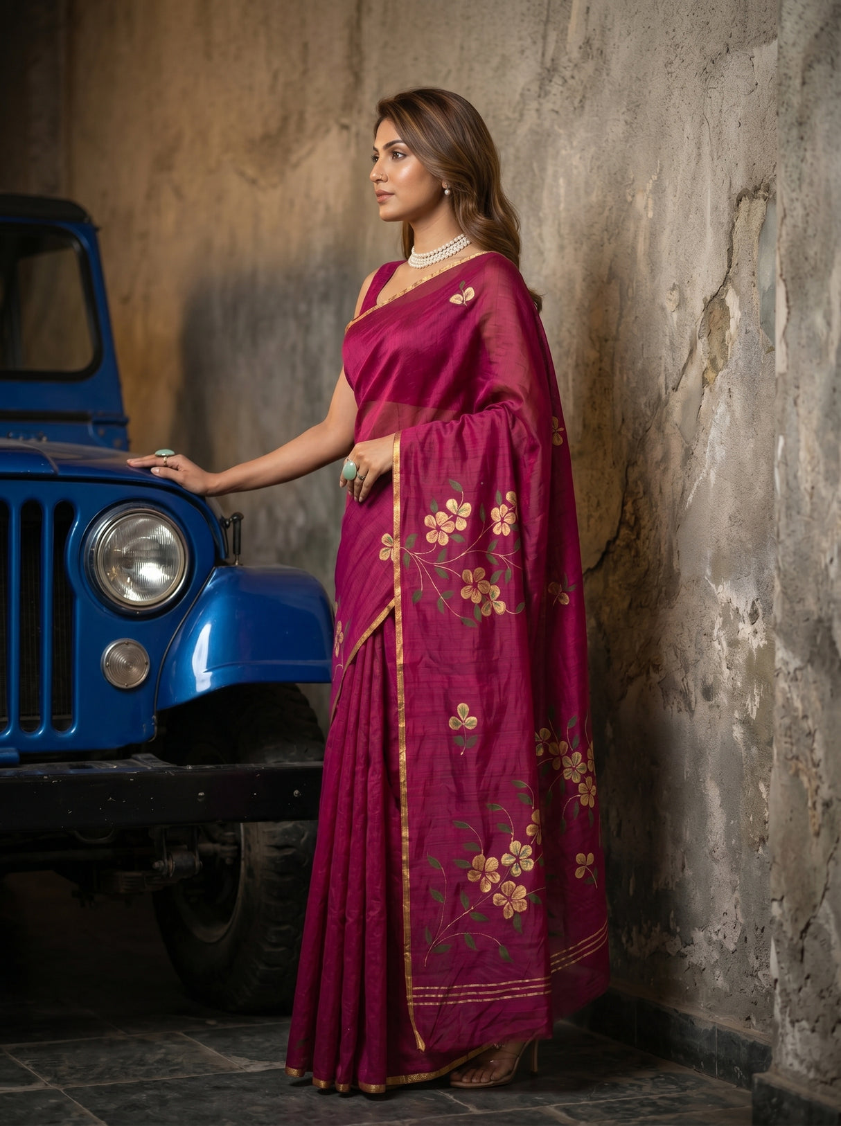 MIMOSA Magenta Banarasi Art Silk Saree — pose 3 styling detail