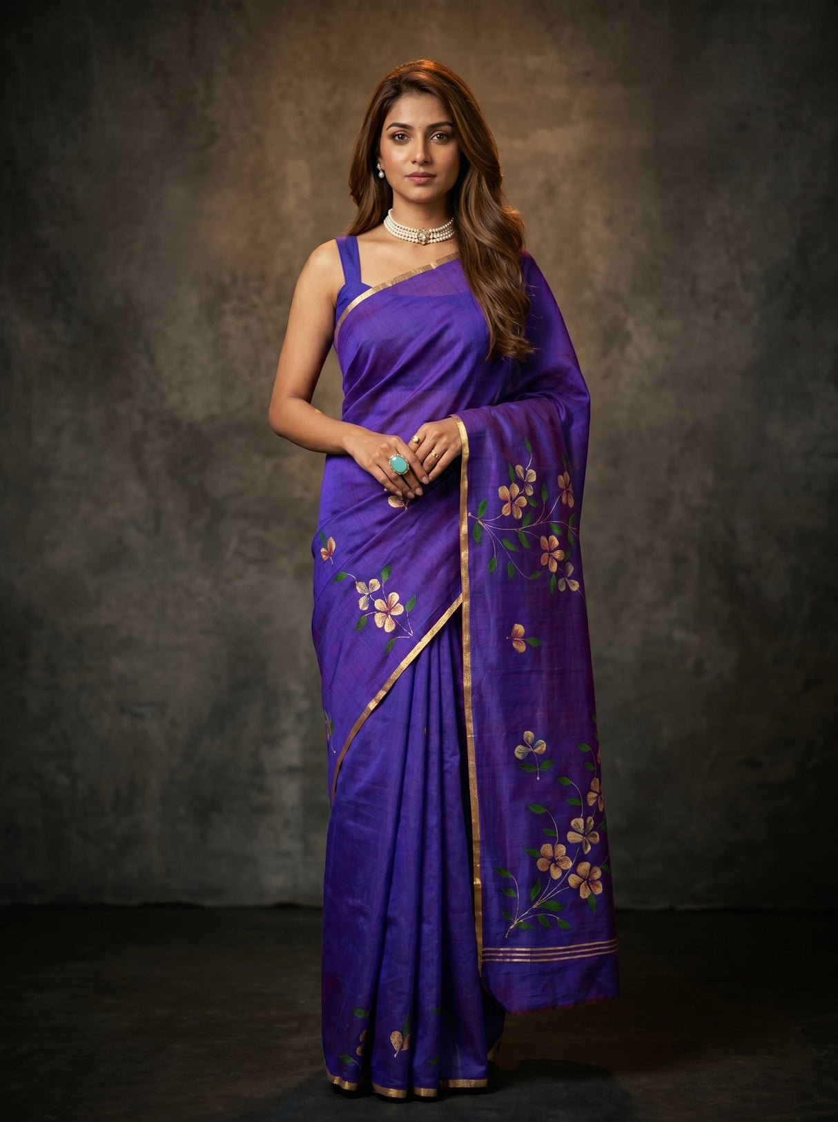 MIMOSA Violet Banarasi Art Silk Saree — Model posing with blue jeep