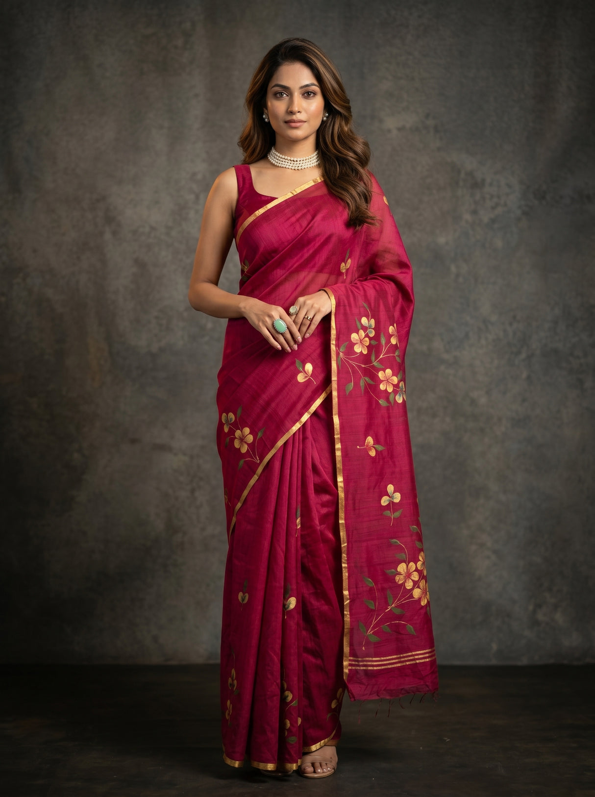 MIMOSA Wine Banarasi Art Silk Saree — Model posing with blue jeep