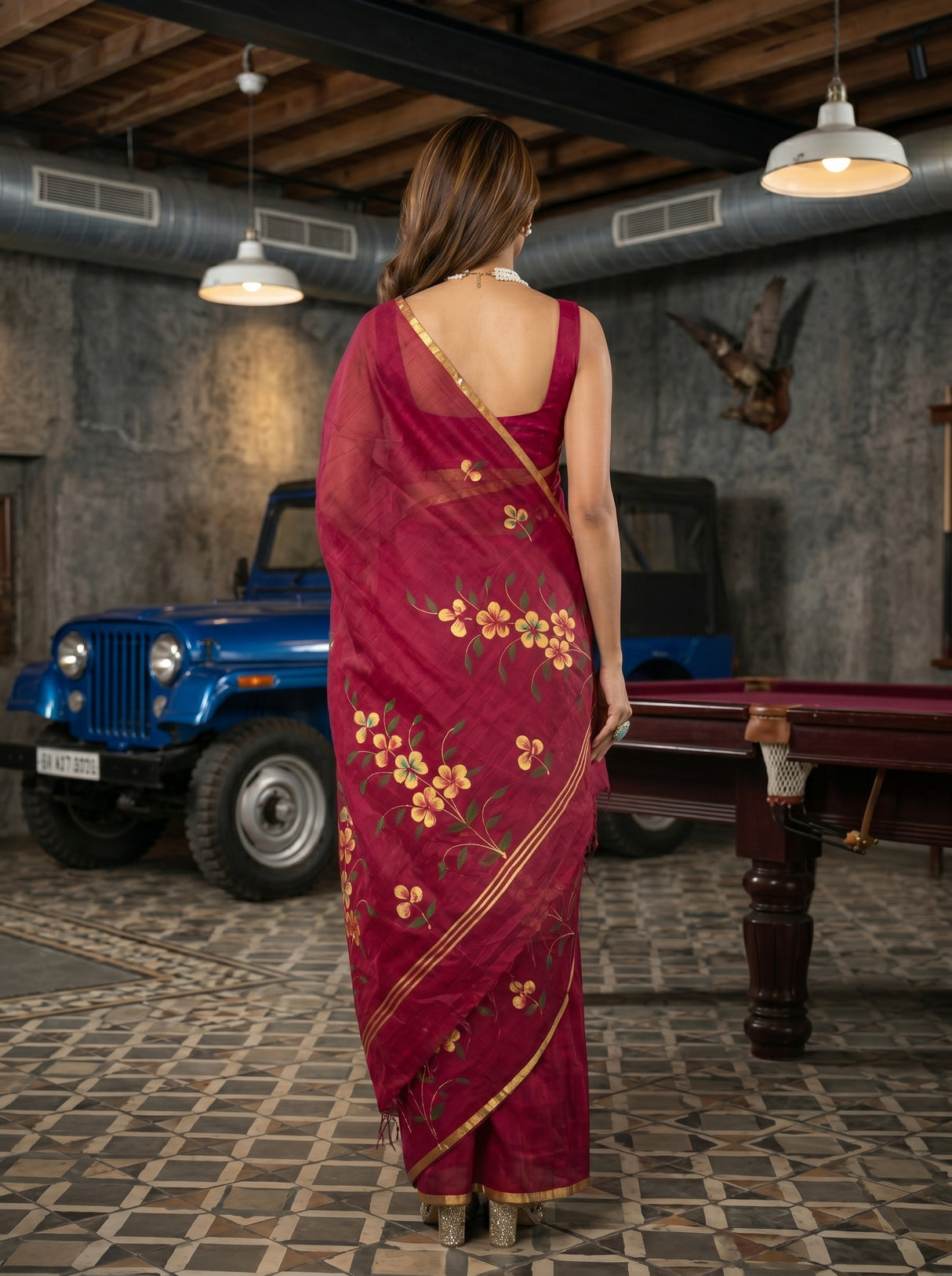 MIMOSA Wine Banarasi Art Silk Saree — pose 2 styling detail