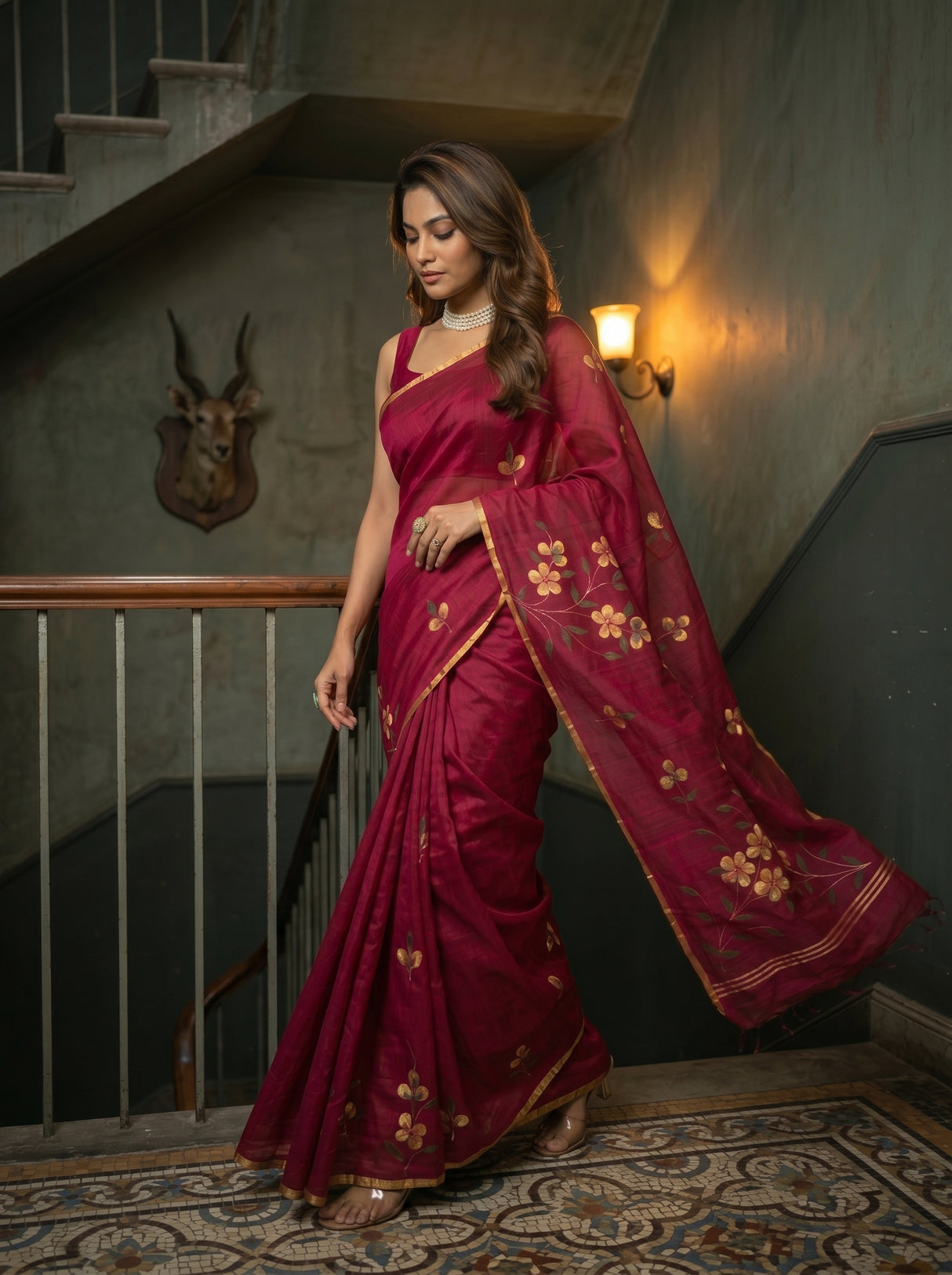 MIMOSA Wine Banarasi Art Silk Saree — pose 6 styling detail