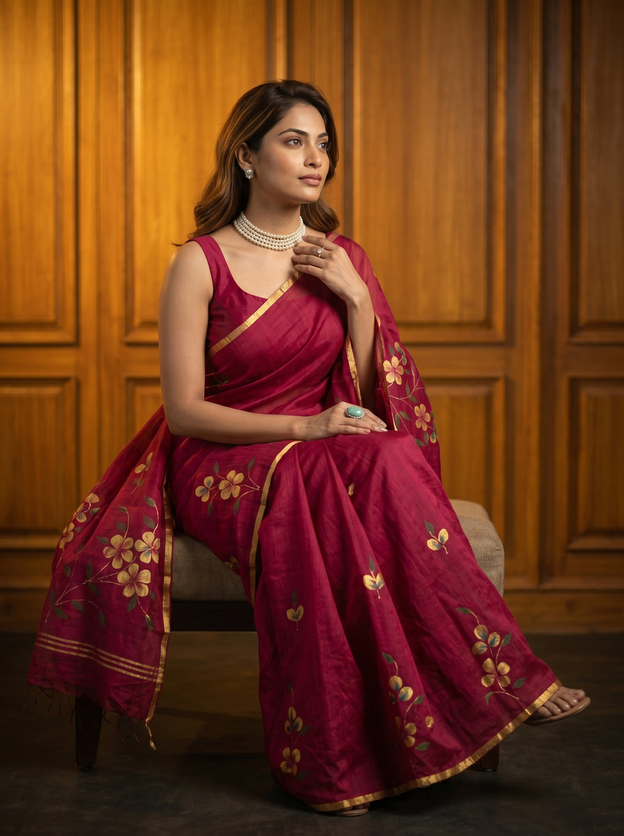 MIMOSA Wine Banarasi Art Silk Saree — pose 8 styling detail