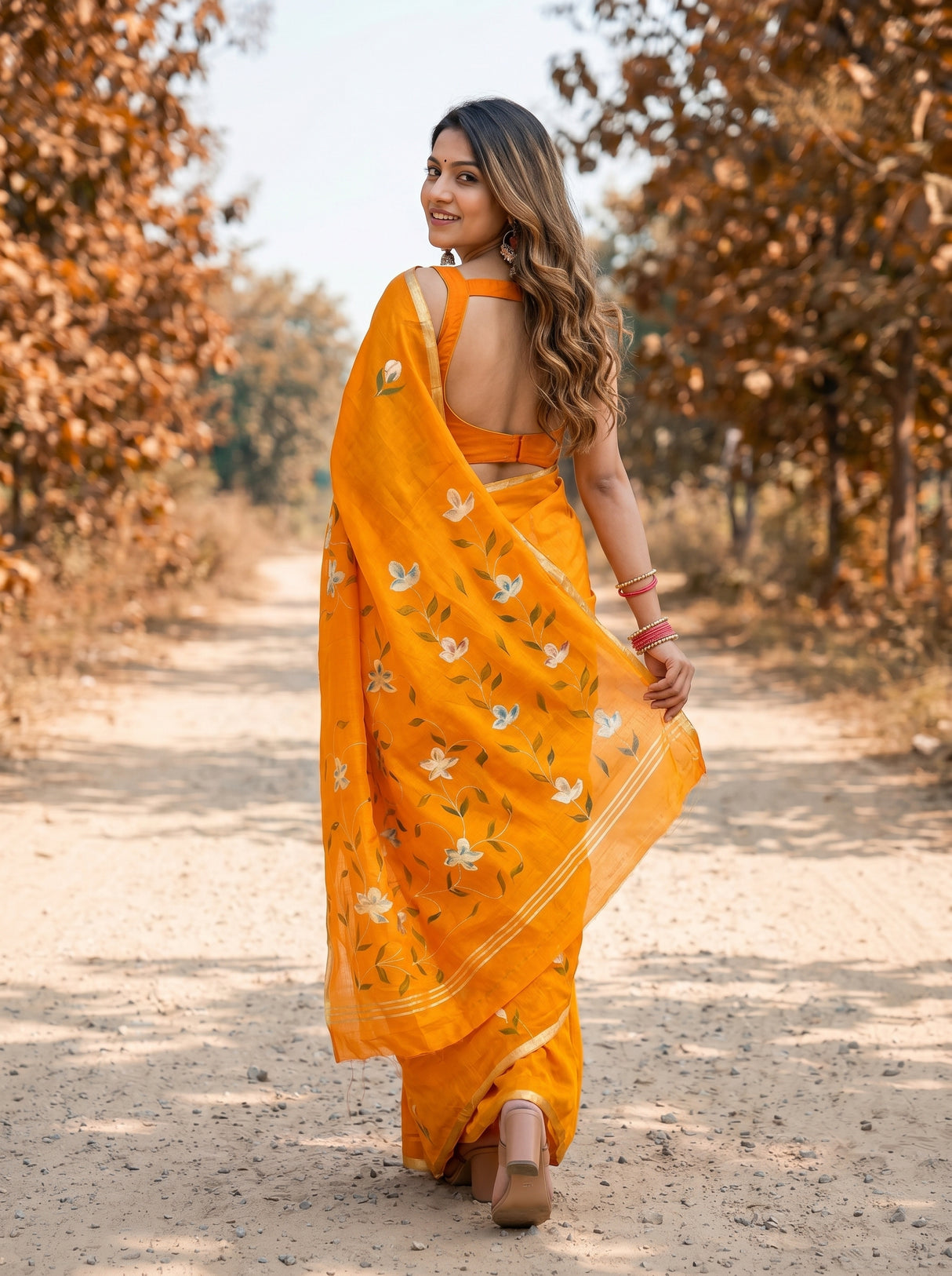 MIMOSA Gold Banarasi Art Silk Saree — model close-up
