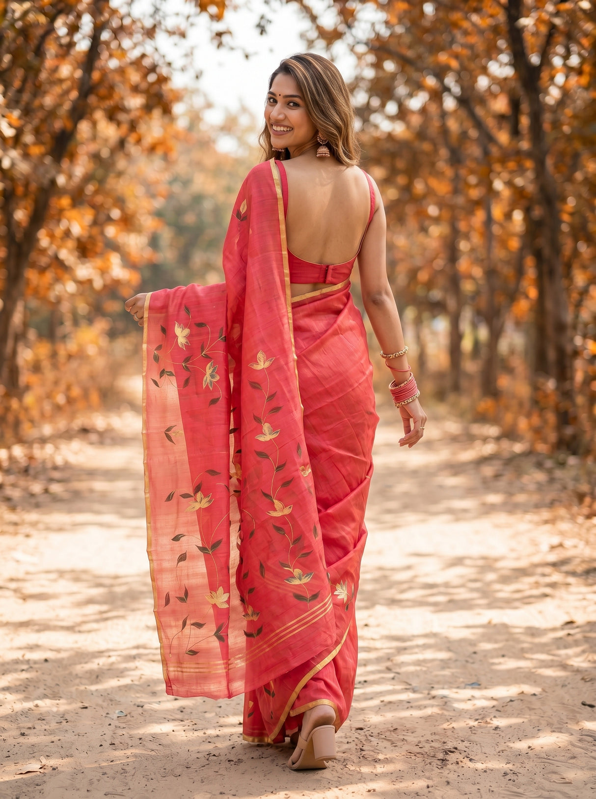 MIMOSA Gajari Banarasi Art Silk Saree — model close-up