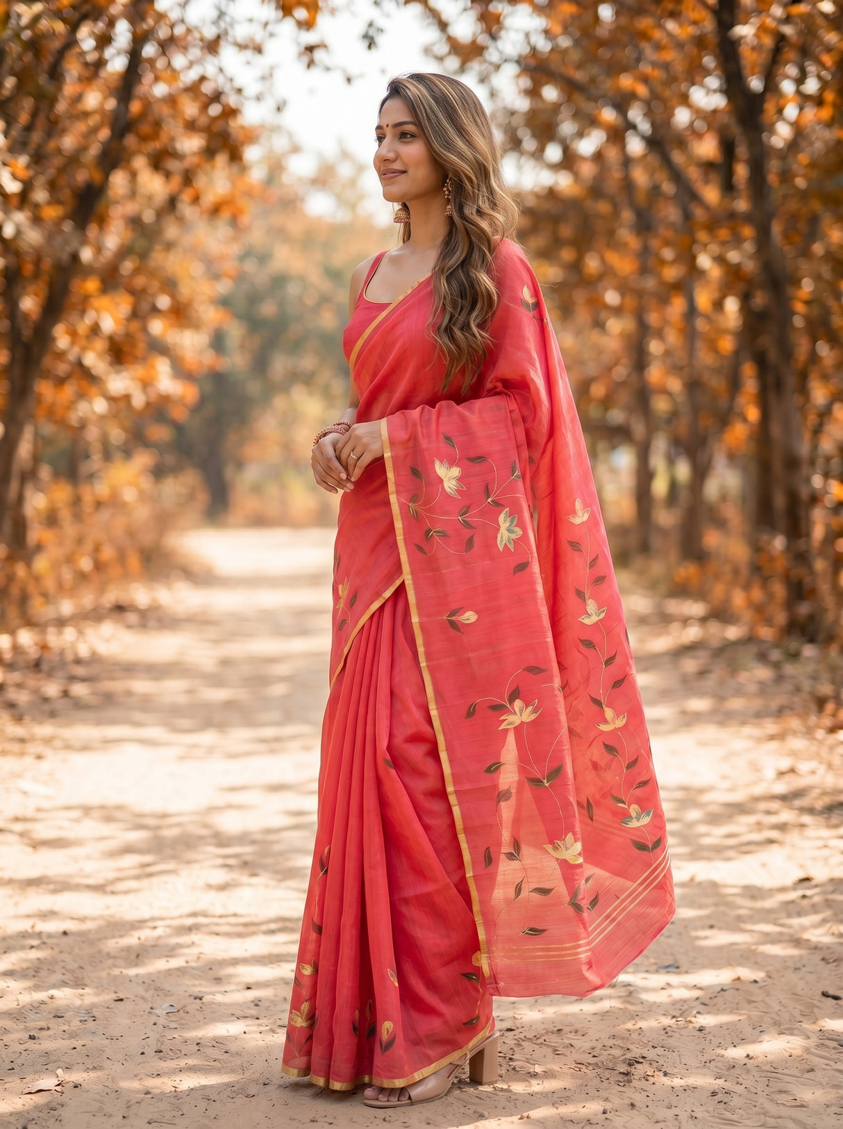 MIMOSA Gajari Banarasi Art Silk Saree — model mid-section