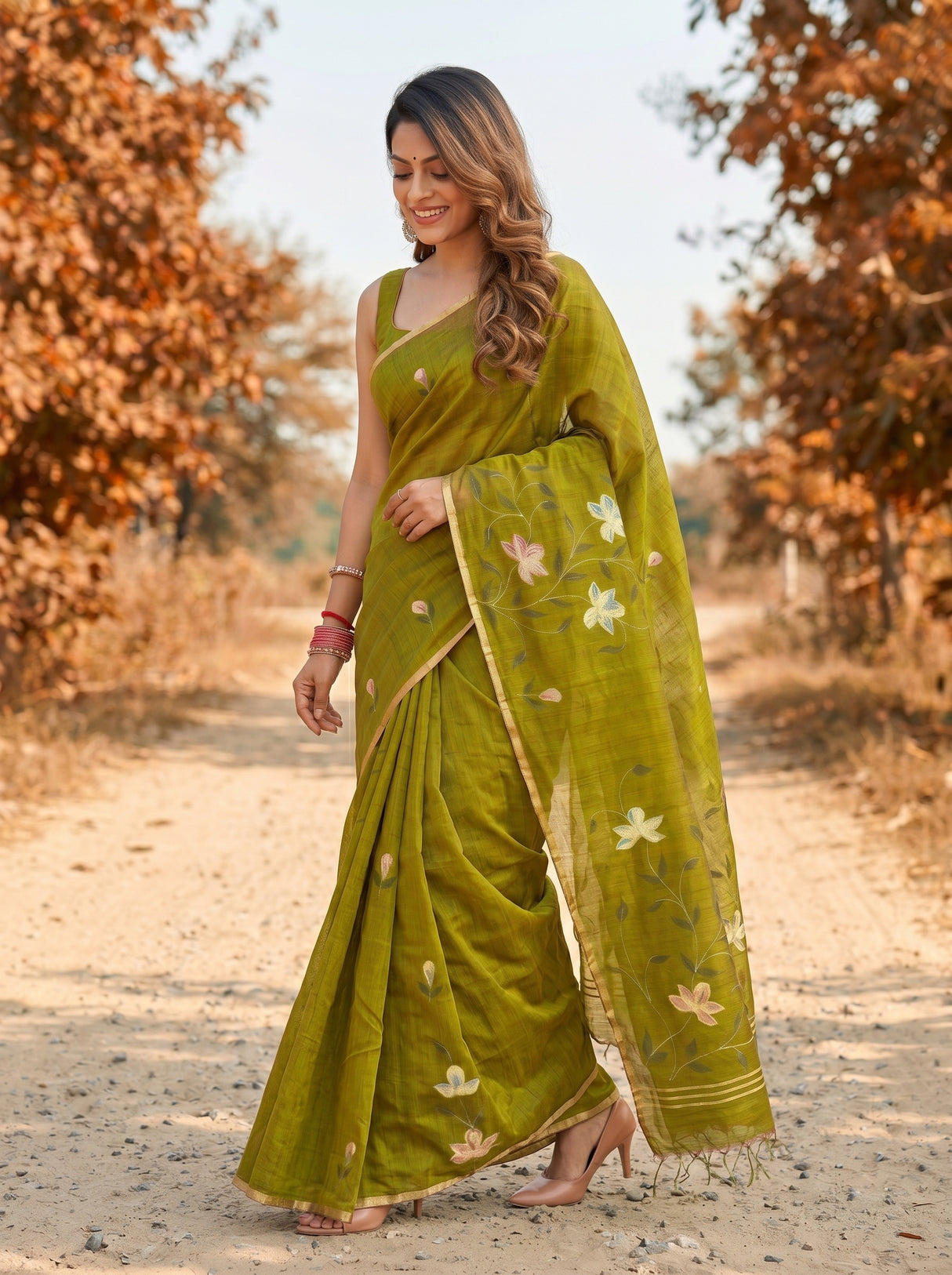 MIMOSA Olive Banarasi Art Silk Saree — pallu and body detail